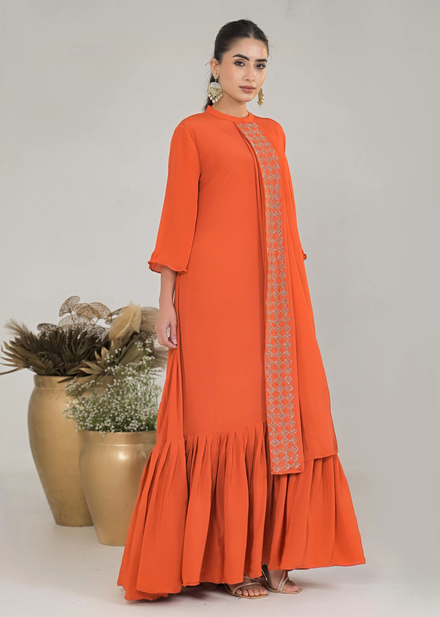 Orange Embellished Premium Silk Gown - Image 3