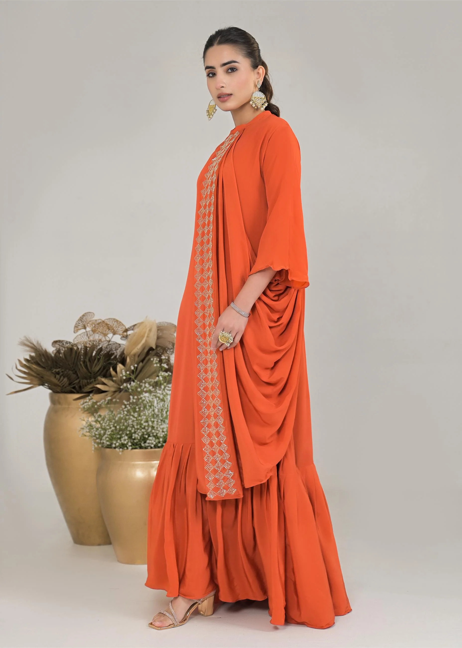 Orange Embellished Premium Silk Gown - Image 4