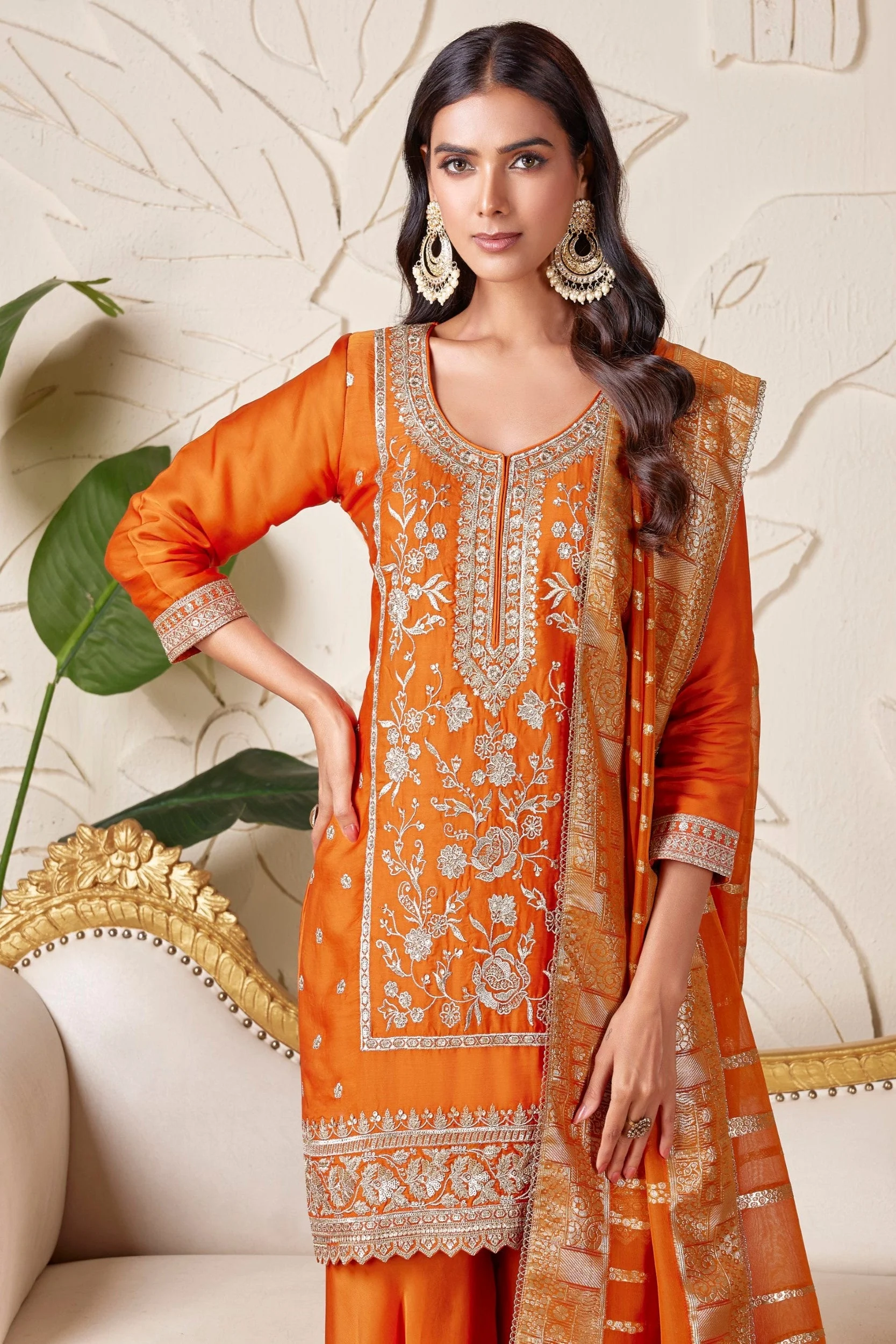 Vibrant Orange Embellished Premium Silk Palazzo Set - Image 2