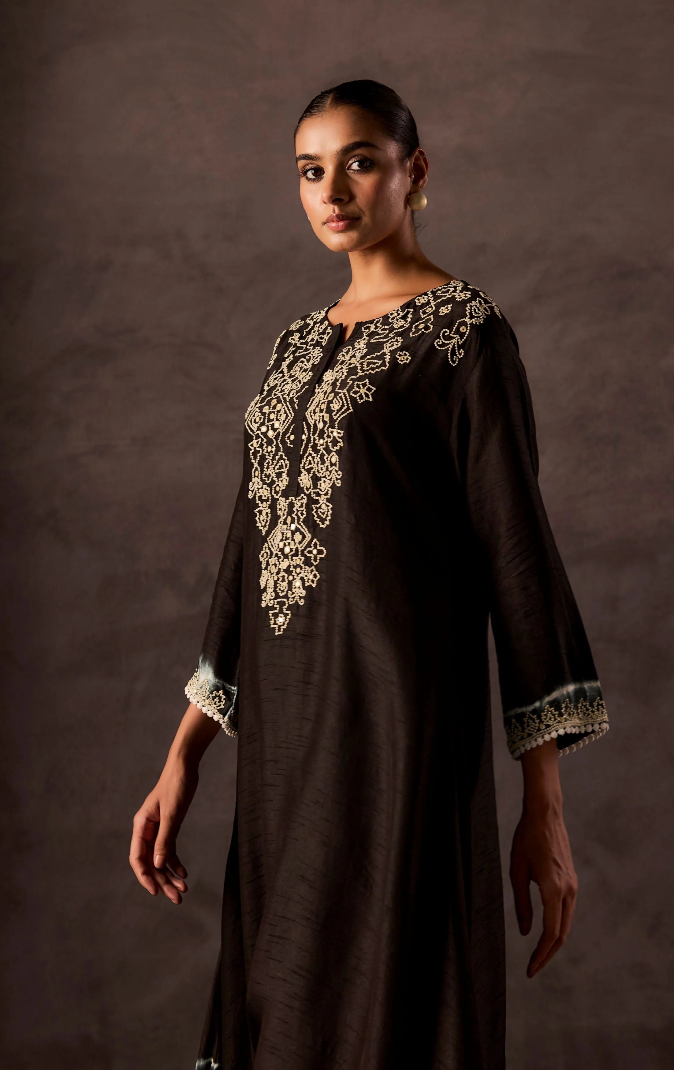 Black Embellished Raw Silk Kurta Set - Image 3
