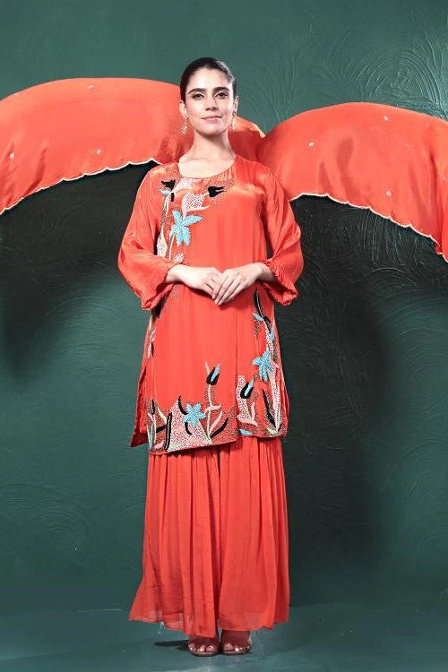 Orange Embroidered Crepe Silk Sharara Set