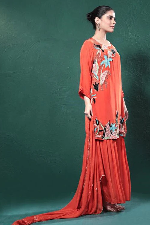 Orange Embroidered Crepe Silk Sharara Set - Image 2