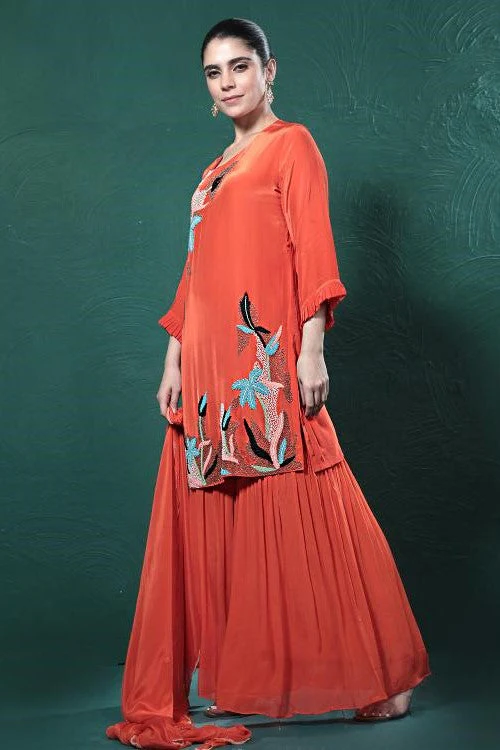 Orange Embroidered Crepe Silk Sharara Set - Image 3