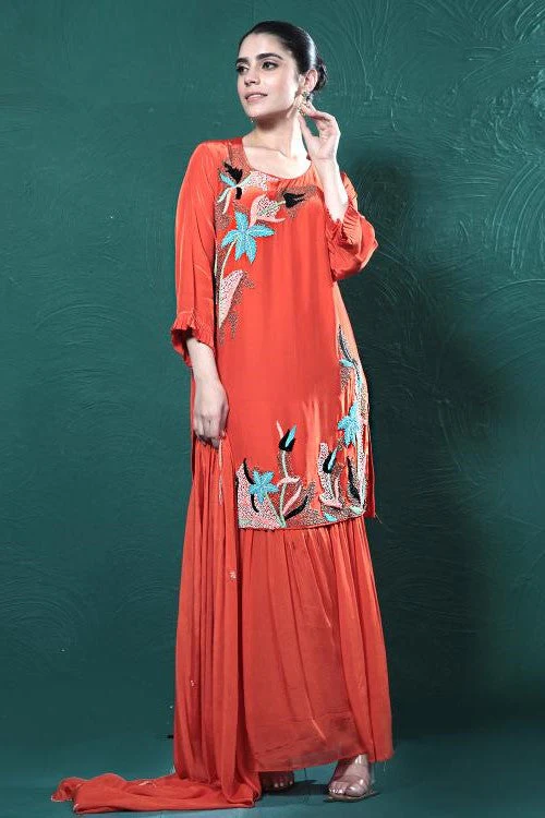 Orange Embroidered Crepe Silk Sharara Set - Image 4
