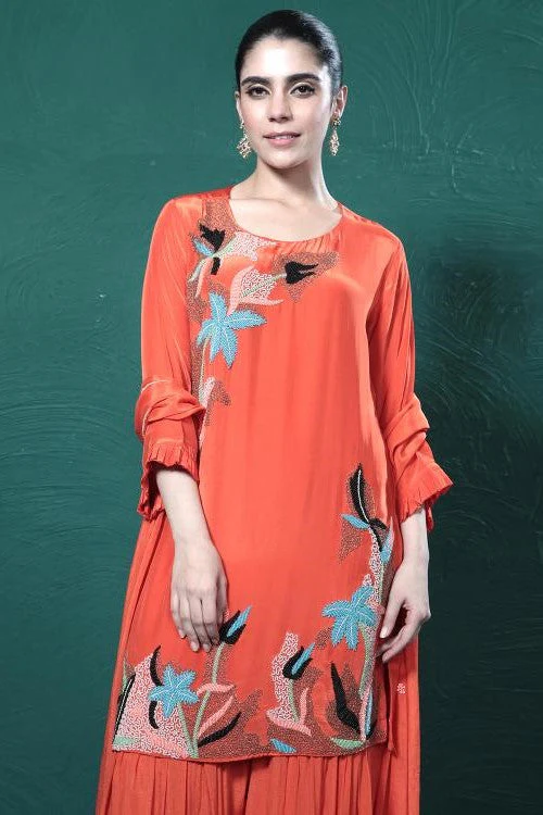 Orange Embroidered Crepe Silk Sharara Set - Image 5