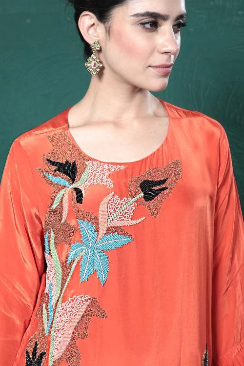 Orange Embroidered Crepe Silk Sharara Set - Image 6