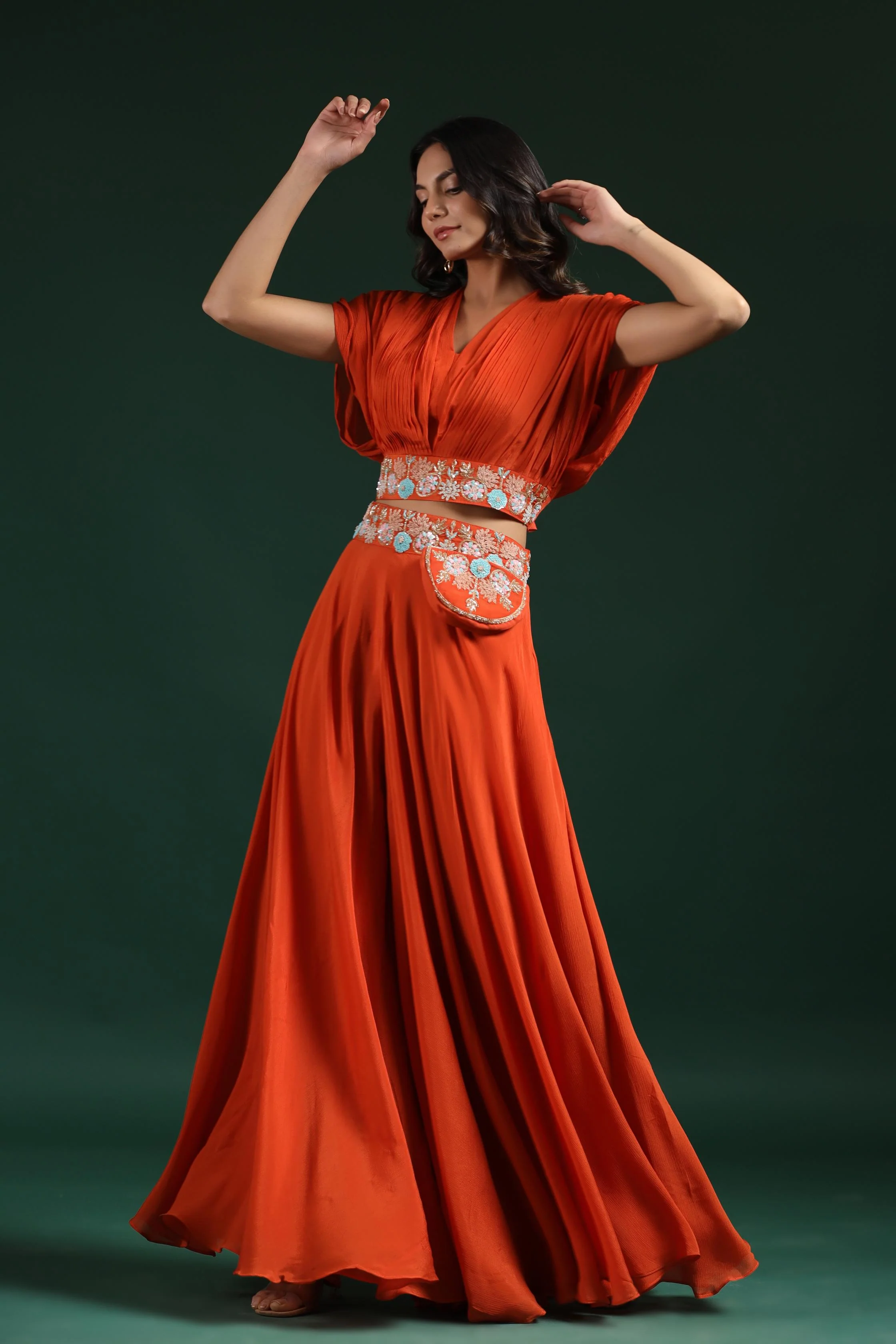 Orange Embroidered Crop Top with Palazzo Set - Image 3
