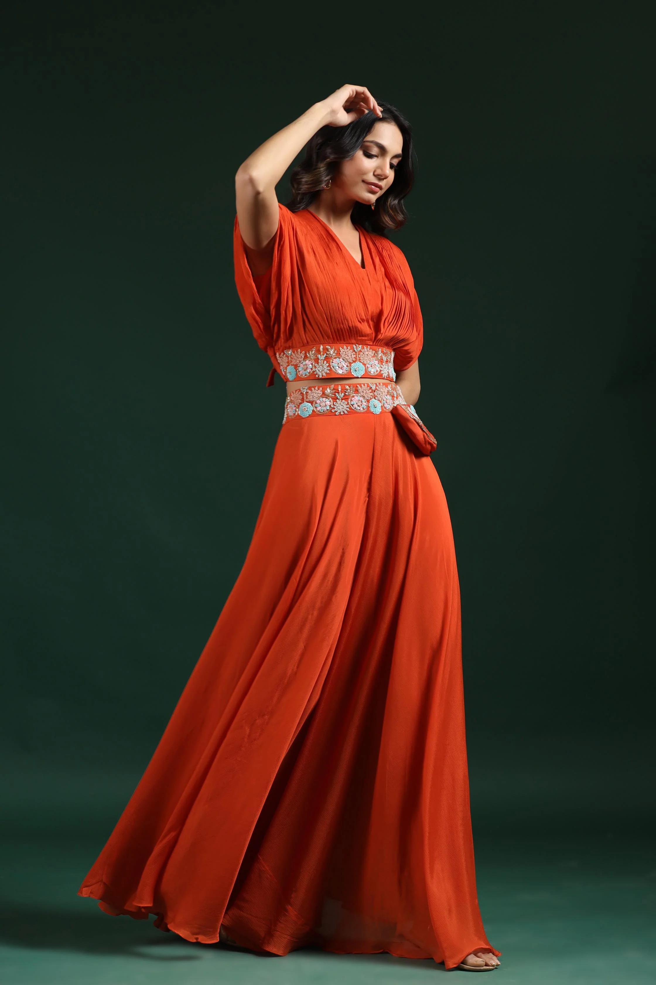 Orange Embroidered Crop Top with Palazzo Set - Image 4