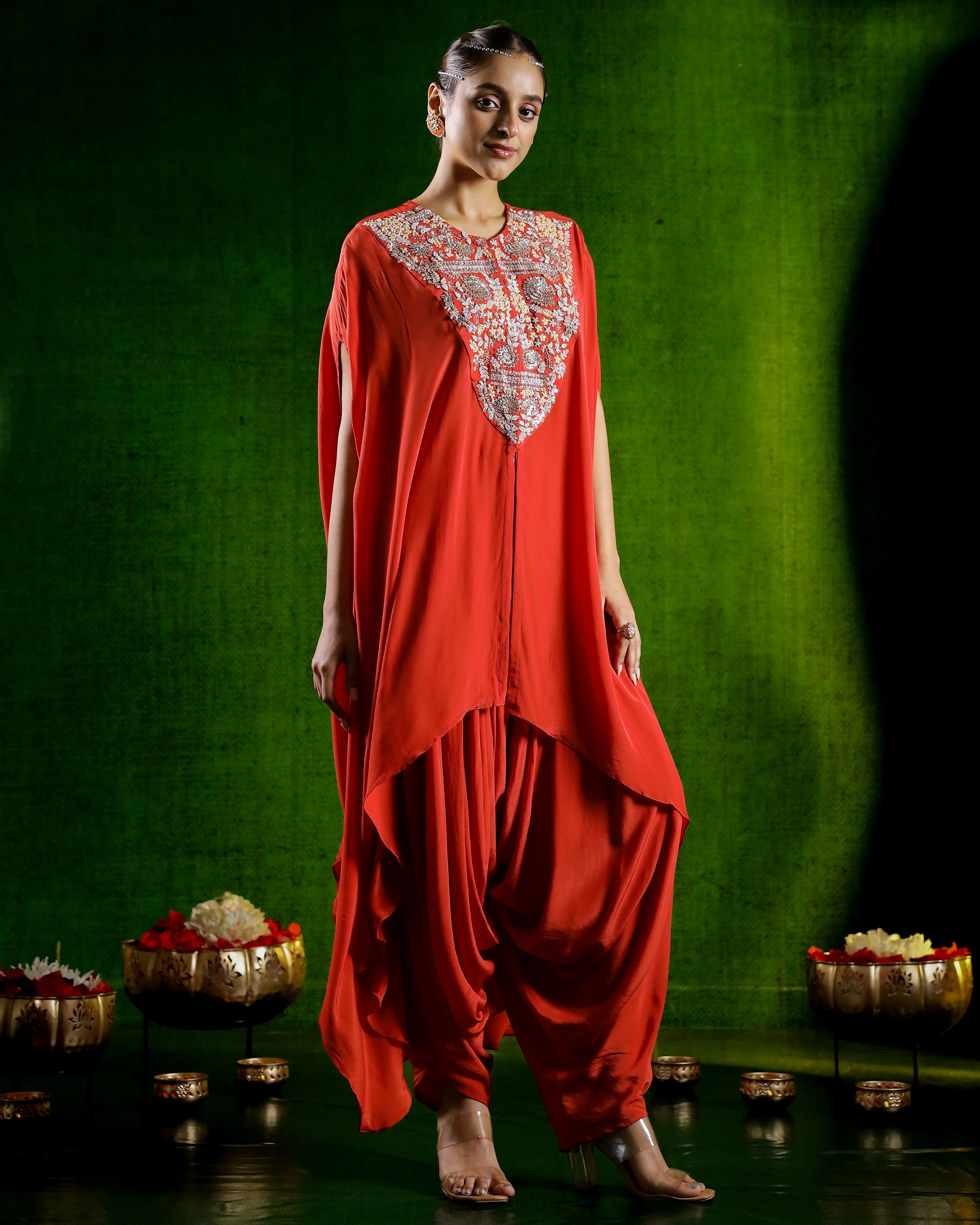 Orange Embroidered Habutai Silk Dhoti Set - Image 3