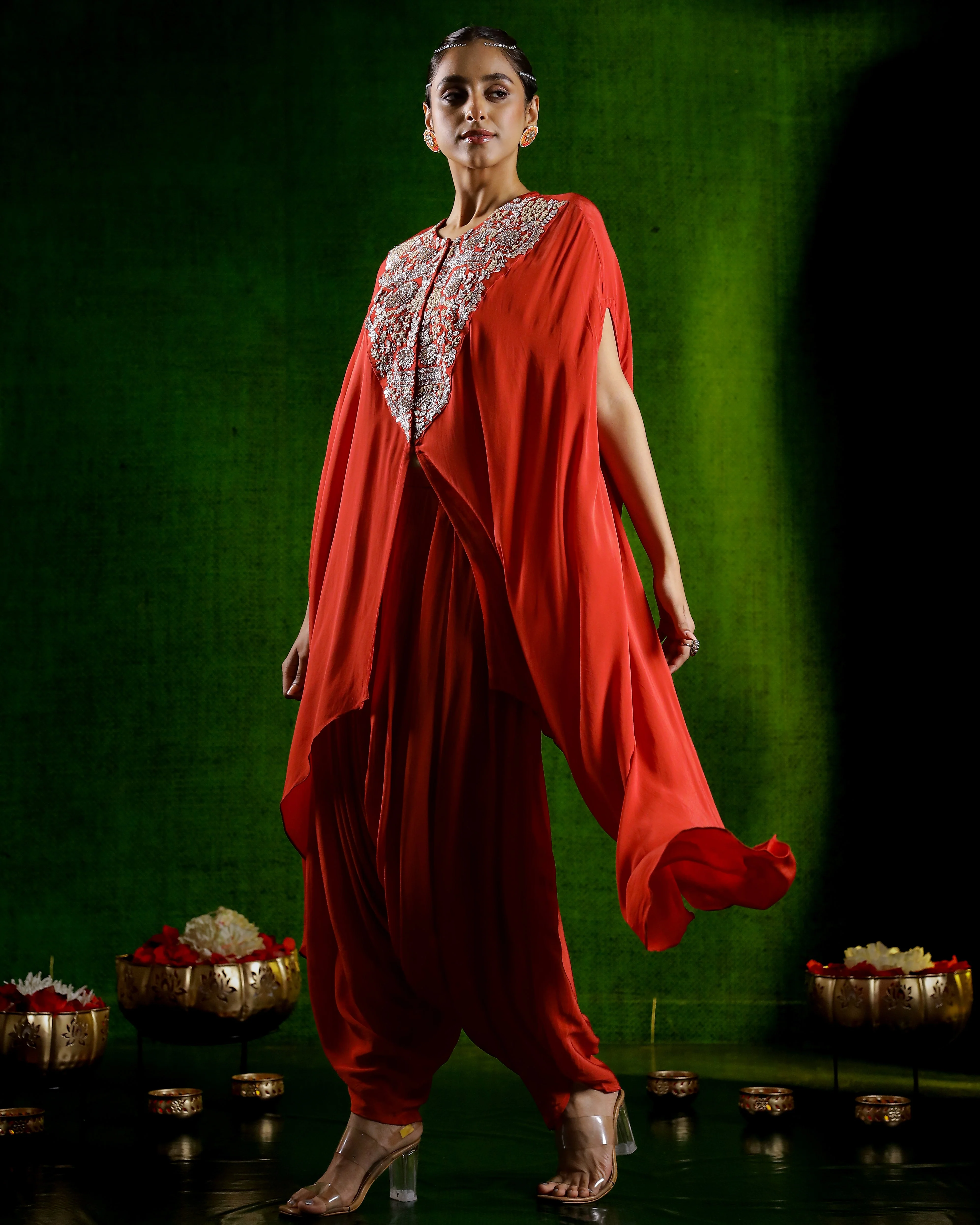 Orange Embroidered Habutai Silk Dhoti Set - Image 4
