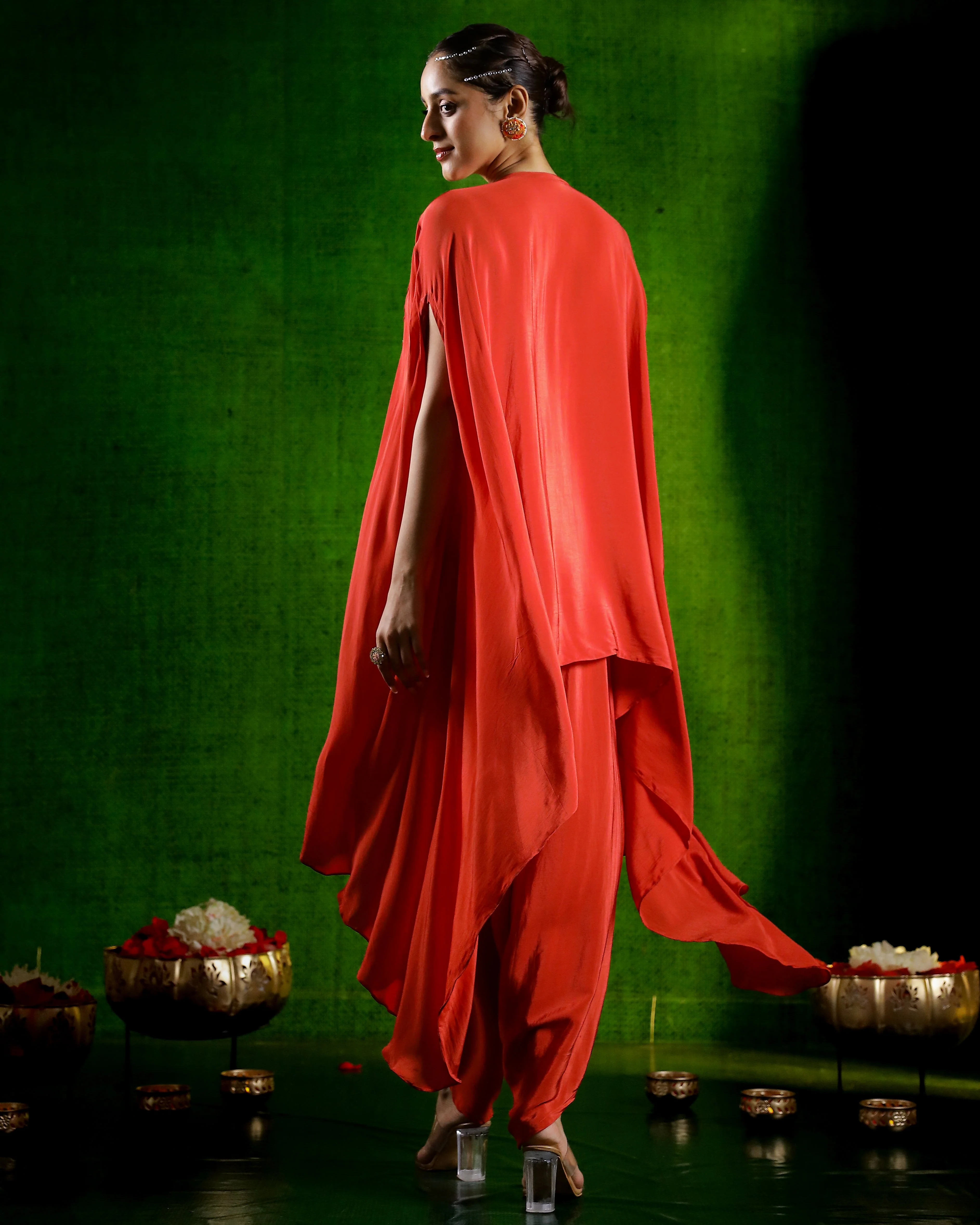 Orange Embroidered Habutai Silk Dhoti Set - Image 5