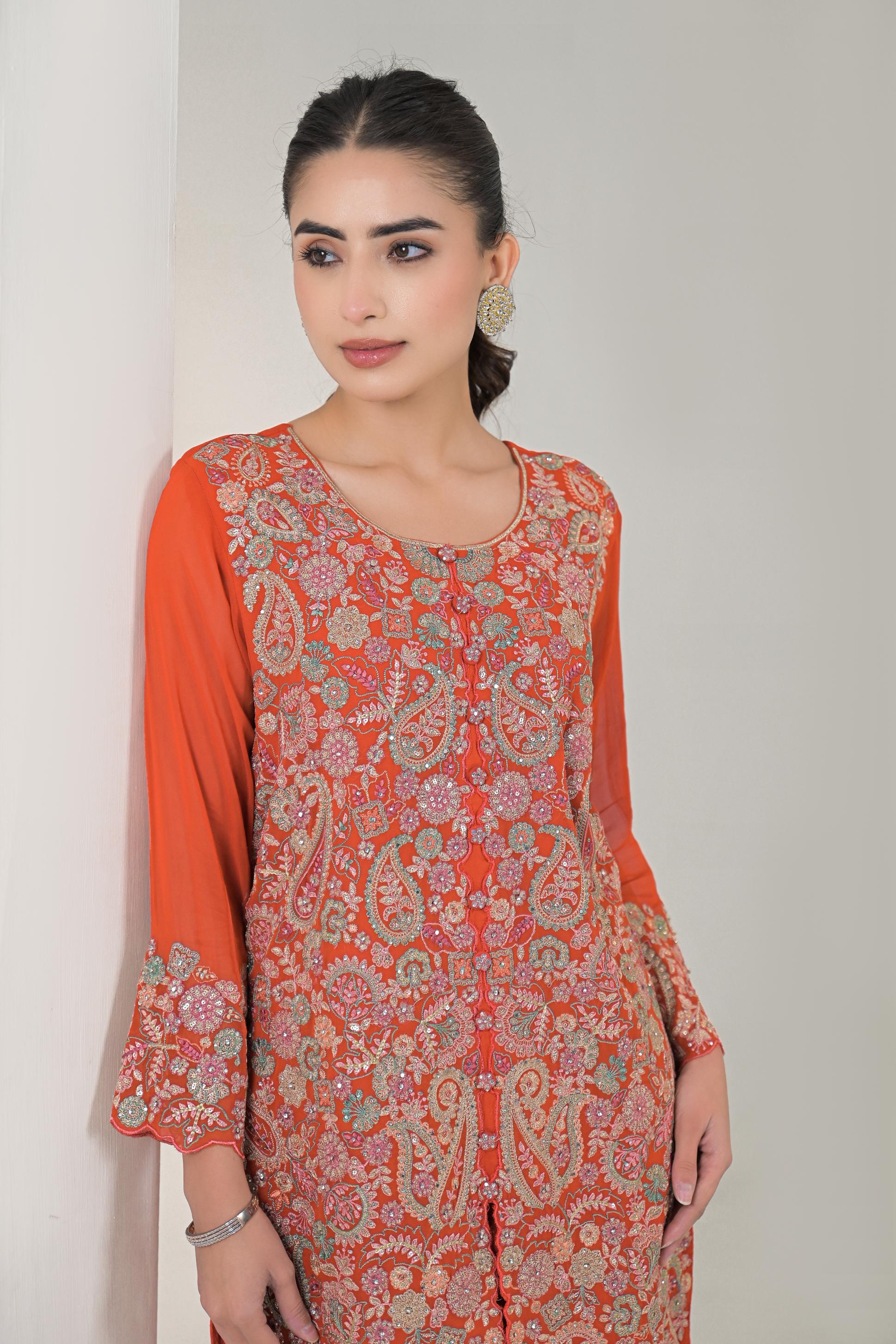 Orange Embroidered Kurta & Pants Set - Image 2