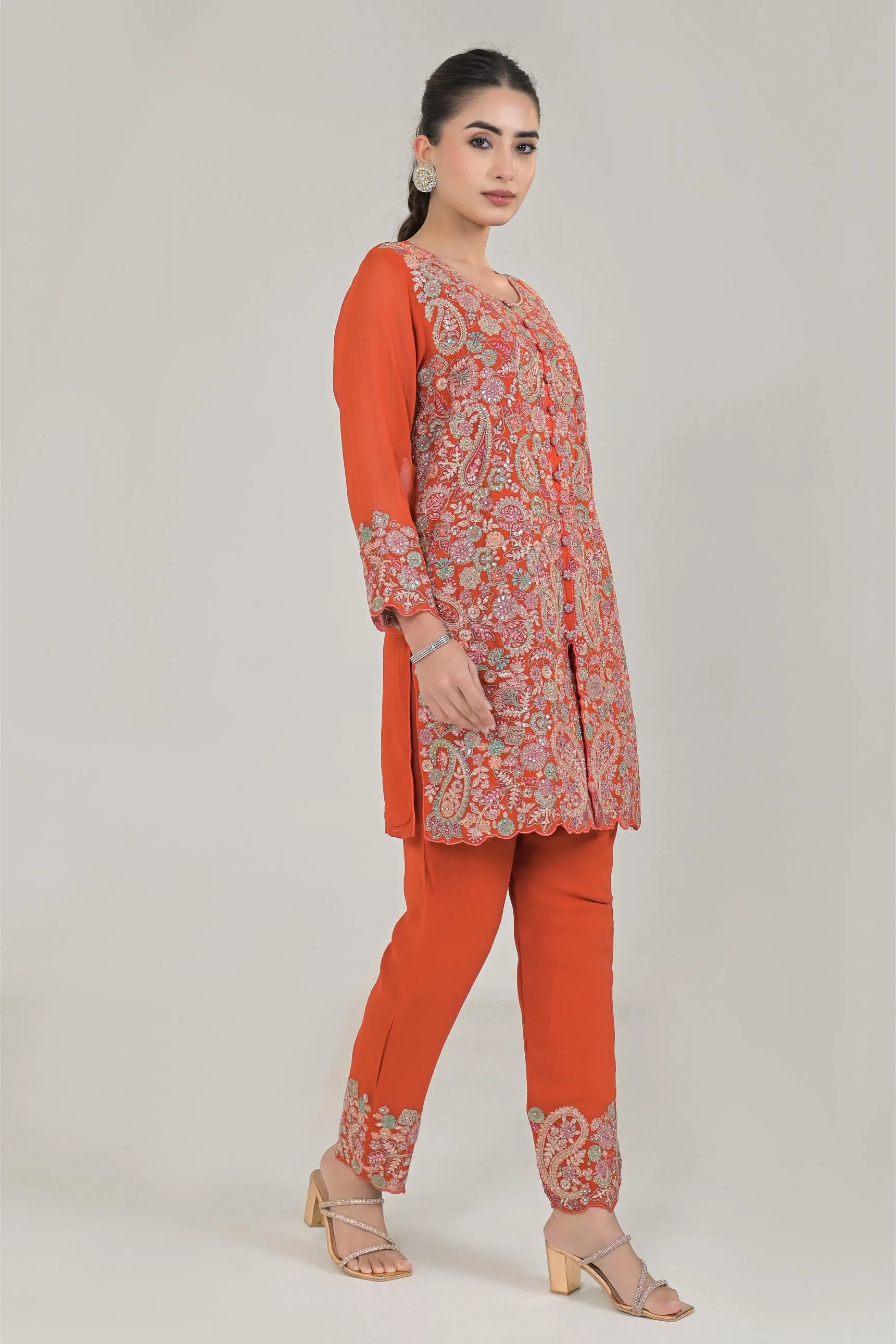 Orange Embroidered Kurta & Pants Set - Image 3