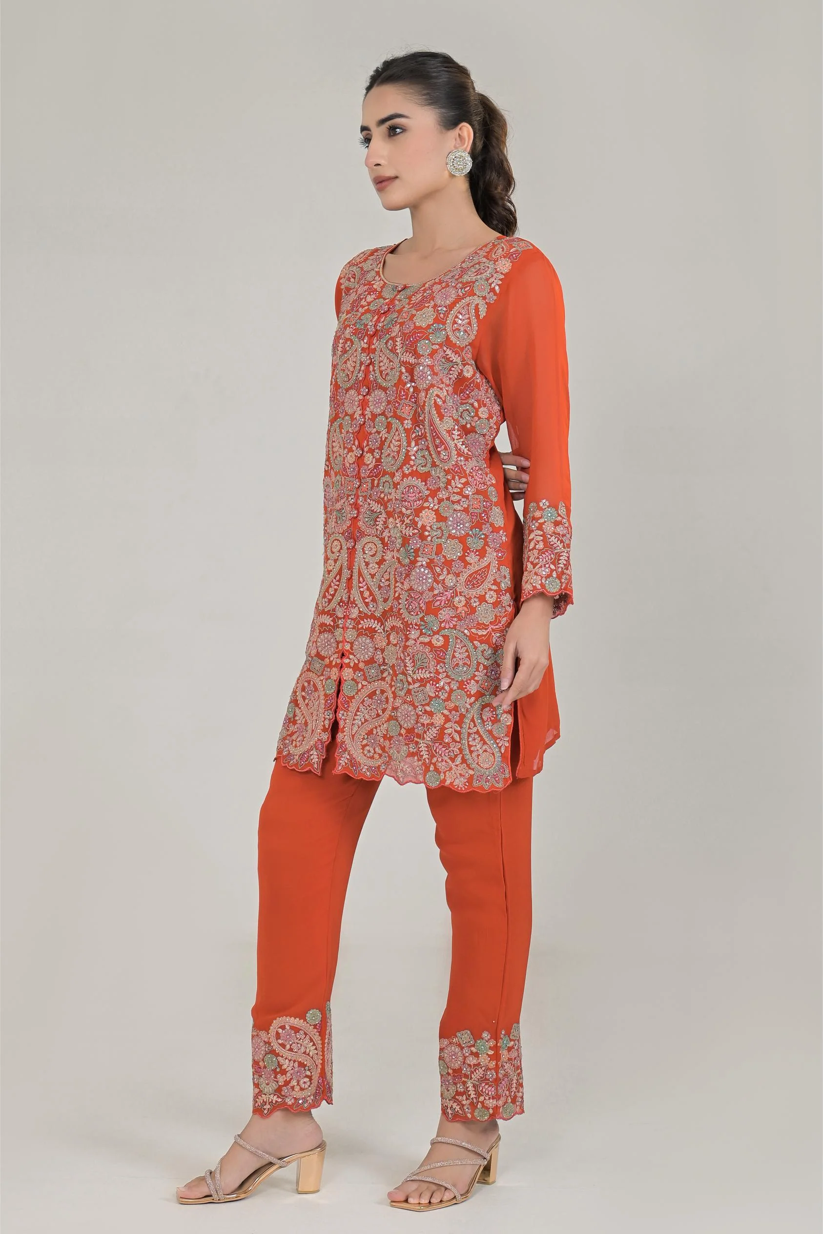 Orange Embroidered Kurta & Pants Set - Image 4