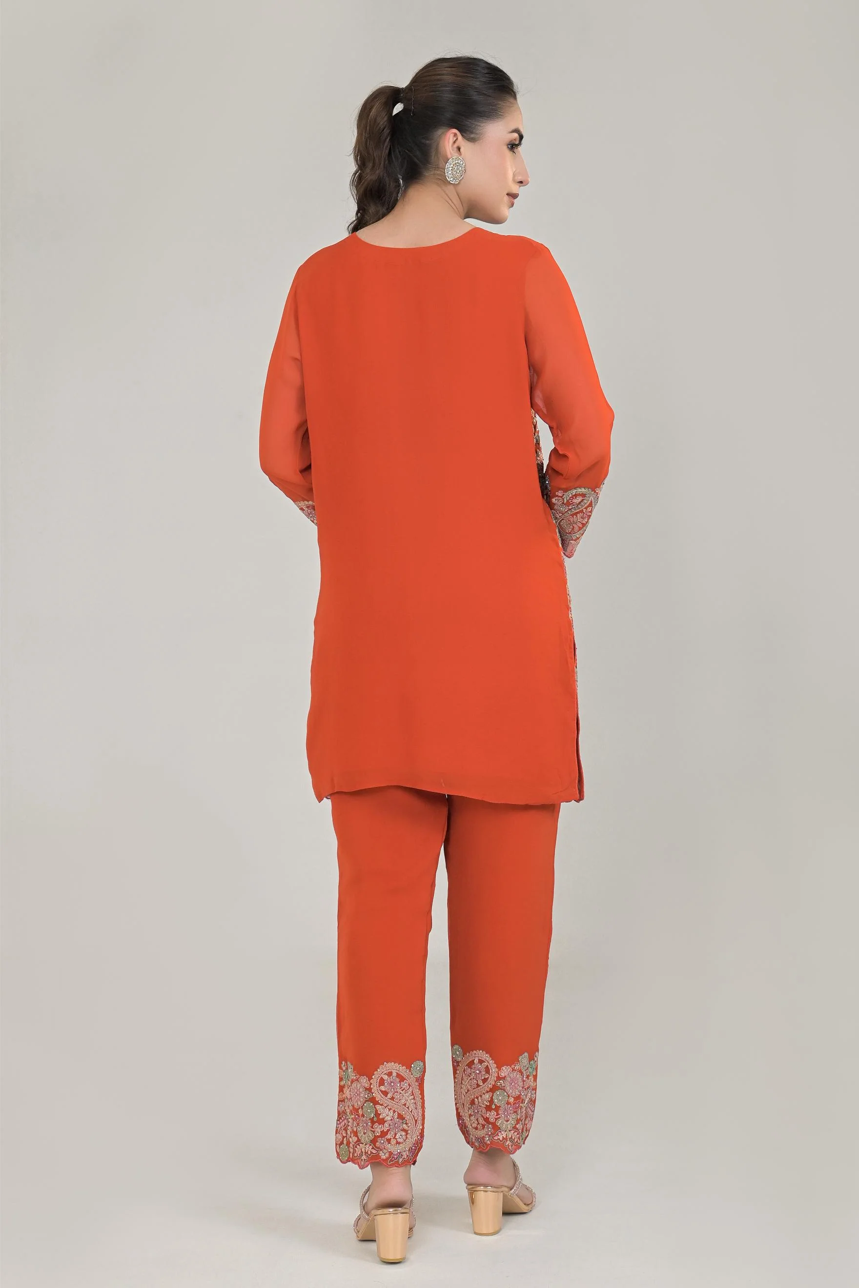 Orange Embroidered Kurta & Pants Set - Image 5