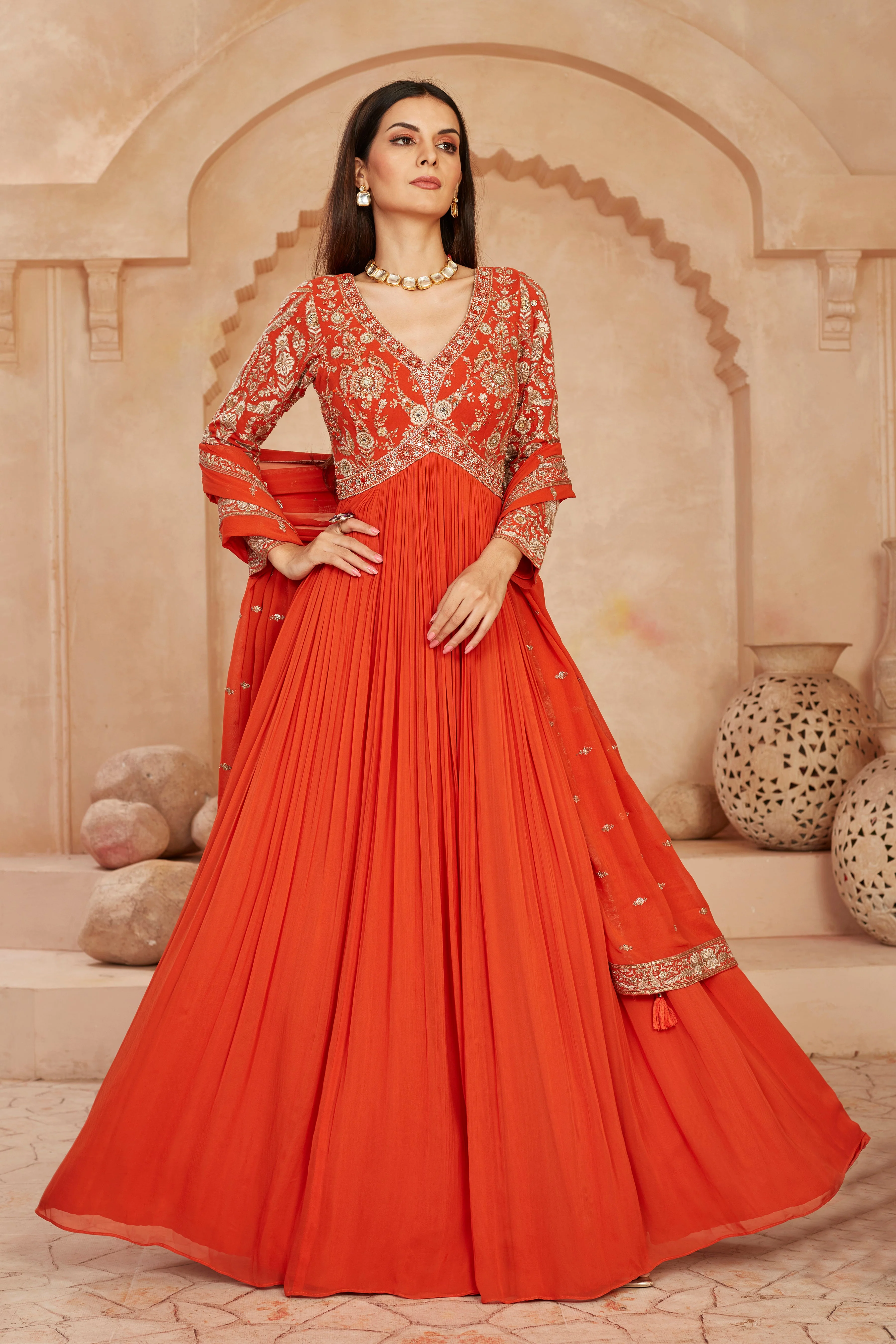 Orange Floral Embroidered Georgette Silk Anarkali Set - Image 3