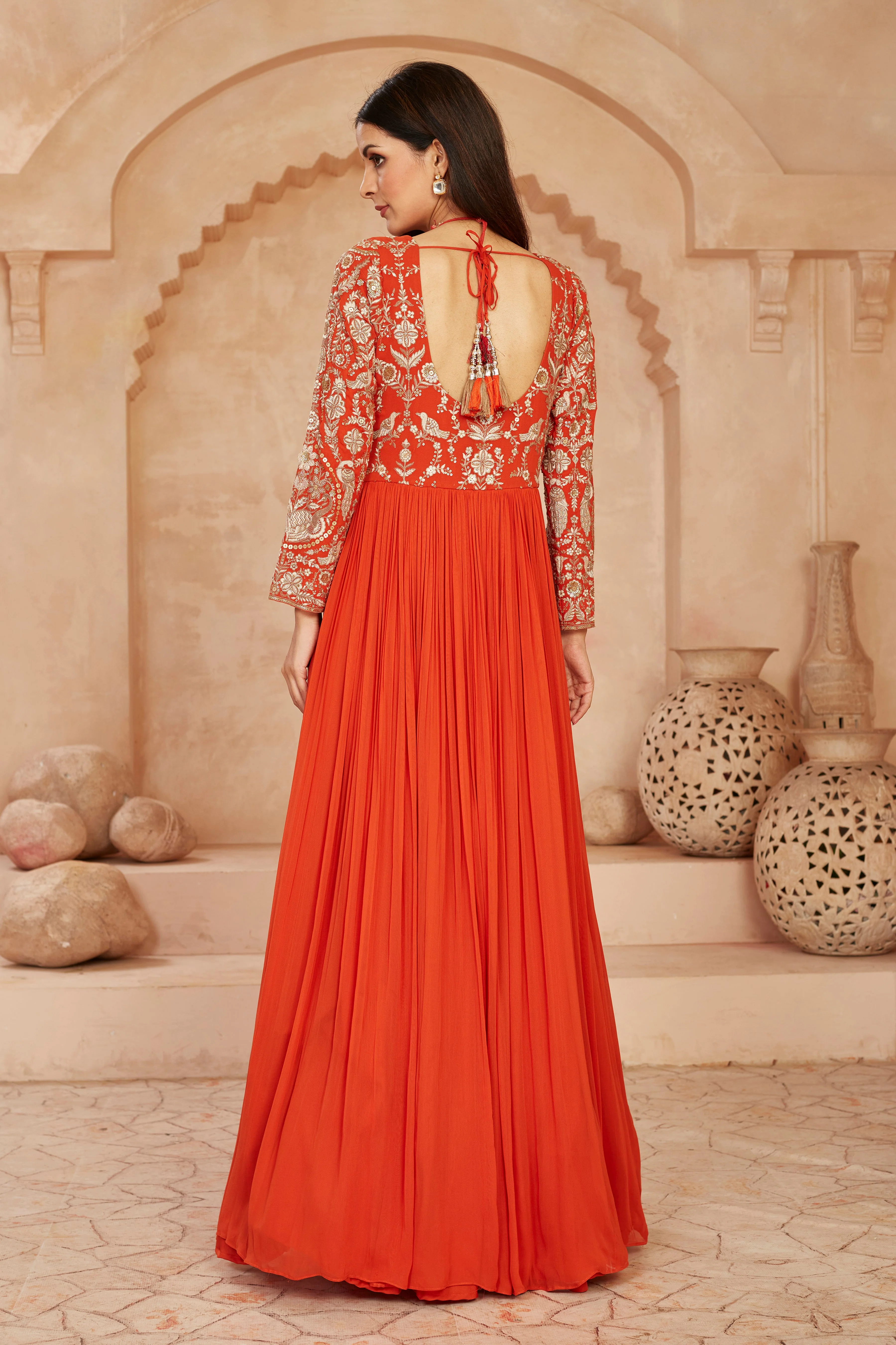 Orange Floral Embroidered Georgette Silk Anarkali Set - Image 4