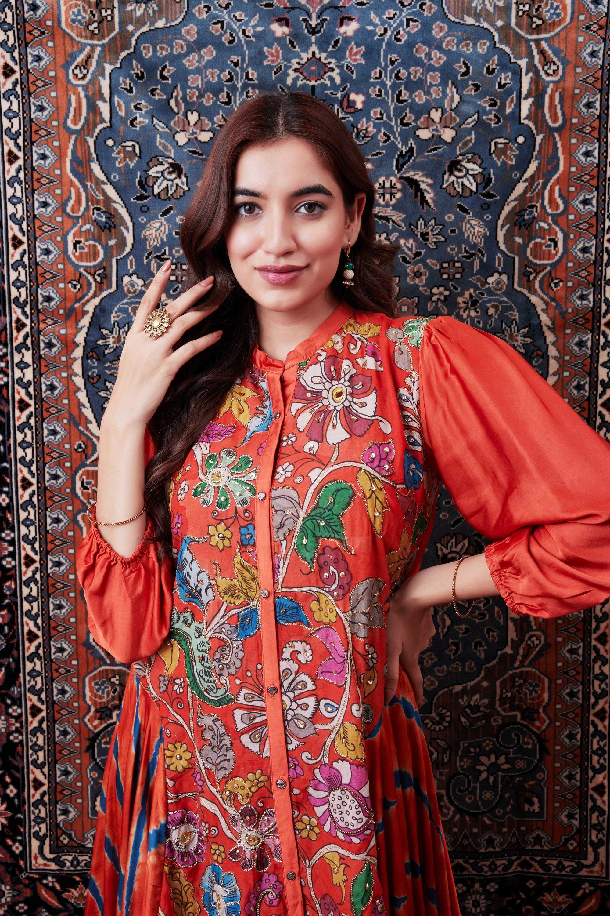 Orange Floral Embroidered Kalamkari Dhoti Set - Image 2