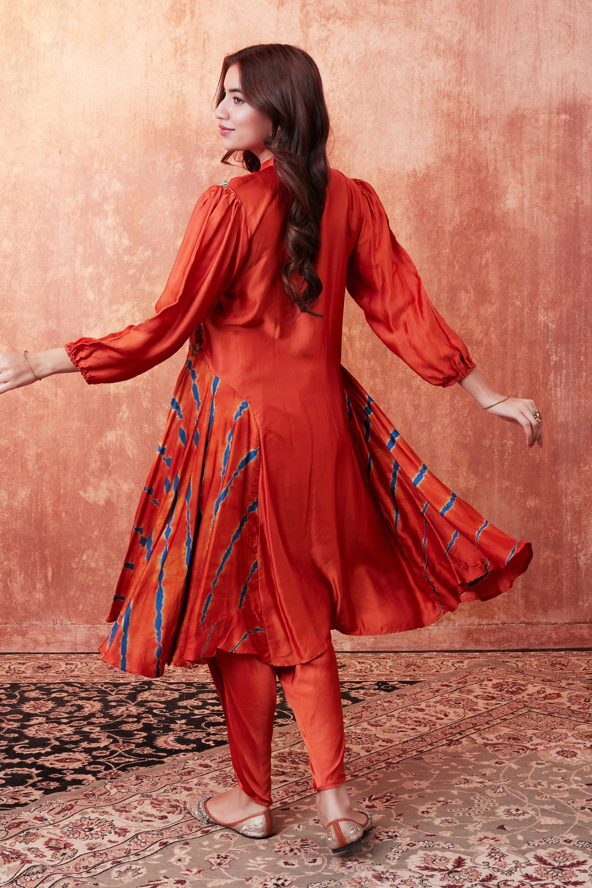 Orange Floral Embroidered Kalamkari Dhoti Set - Image 3