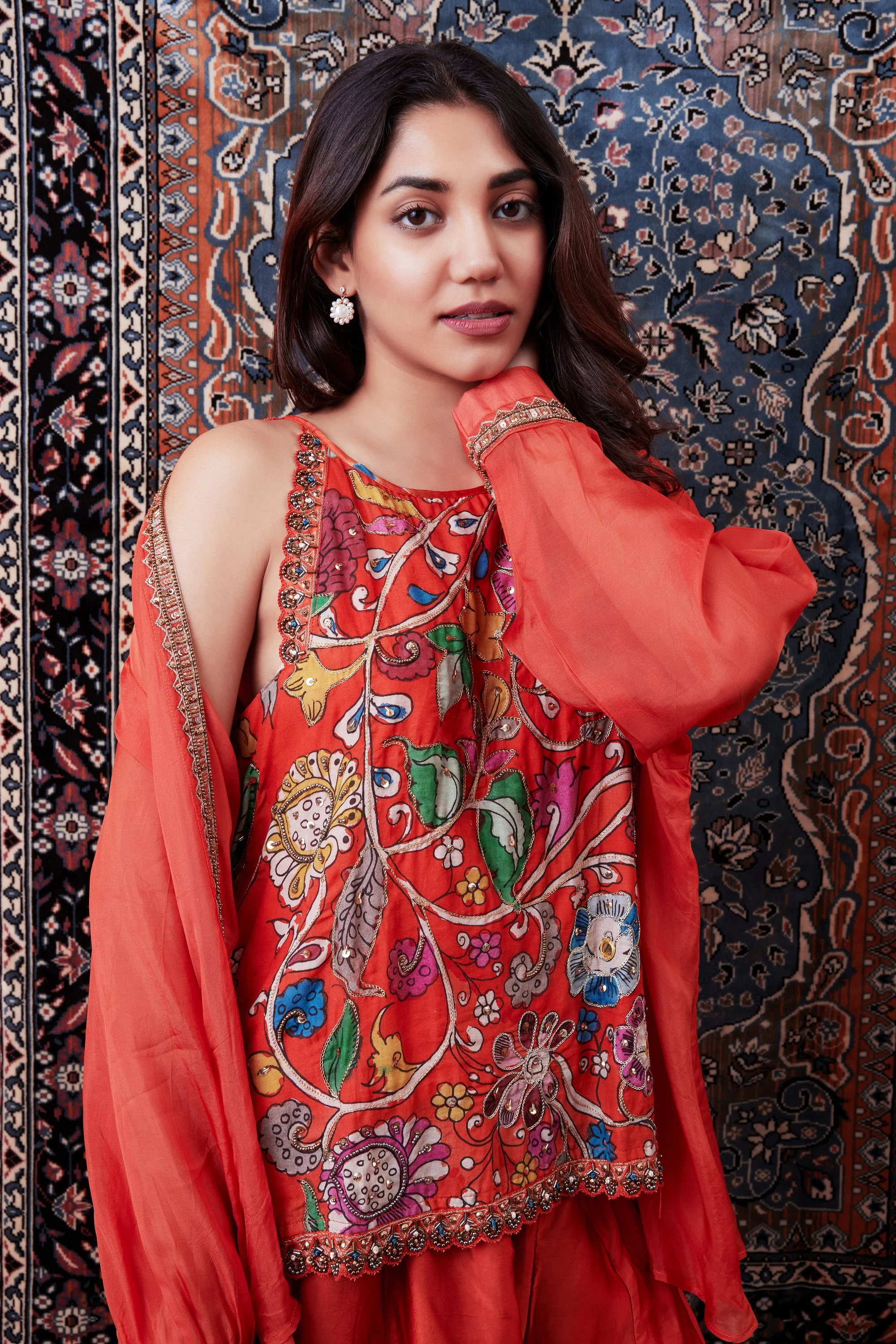 Orange Floral Embroidered Kalamkari Jacket Set - Image 2