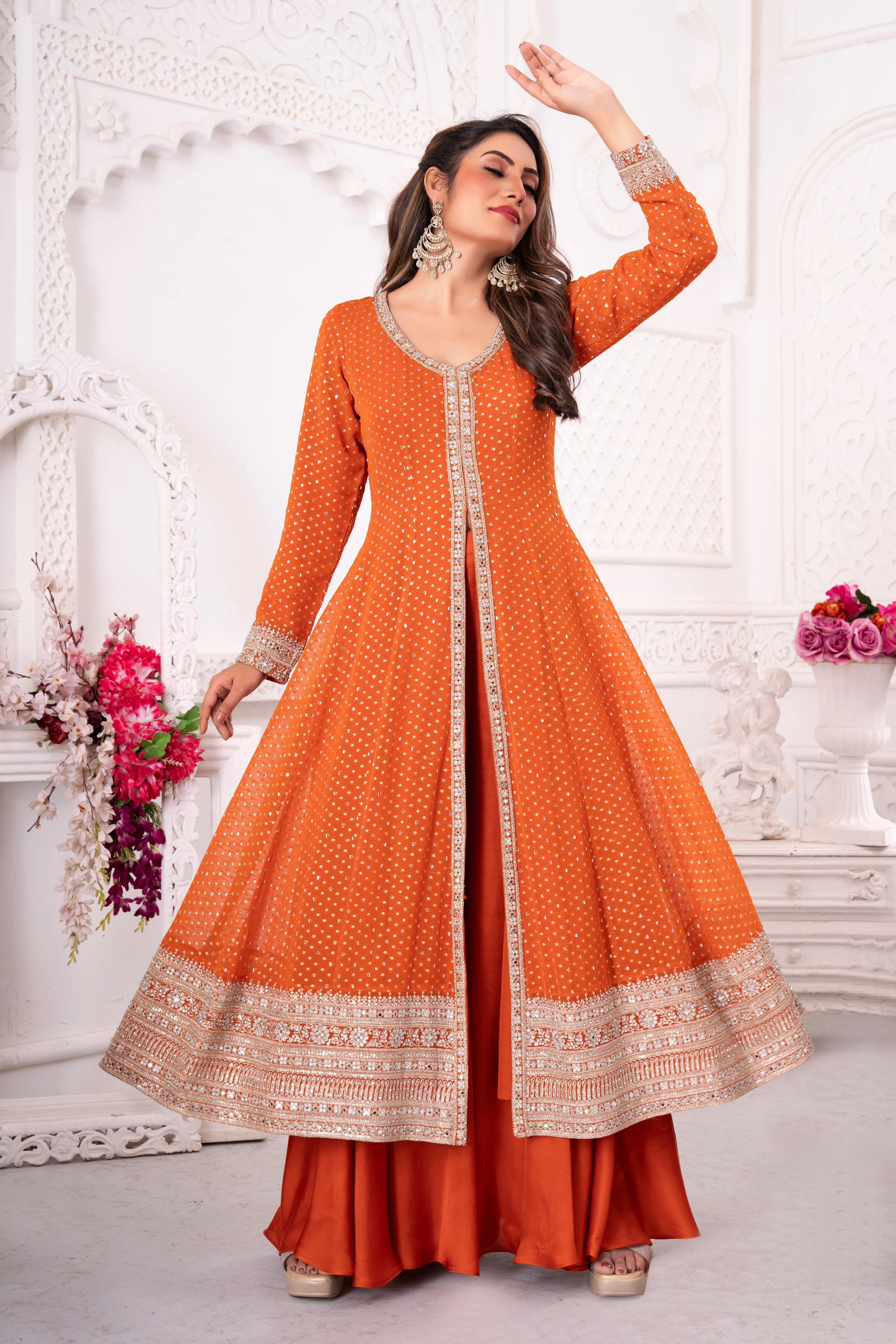 Orange Golden Embellished Anarkali Set - Image 2
