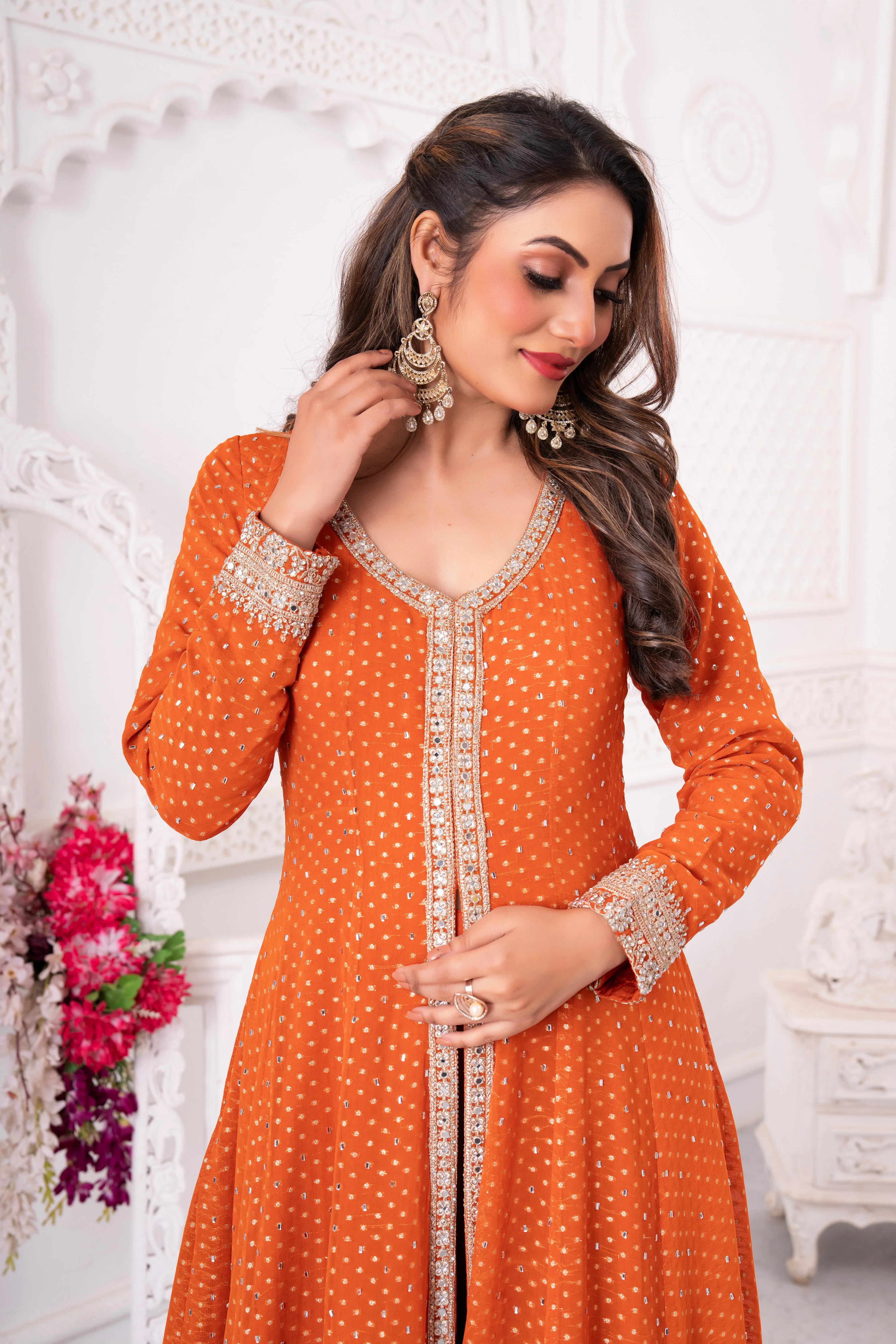 Orange Golden Embellished Anarkali Set - Image 3