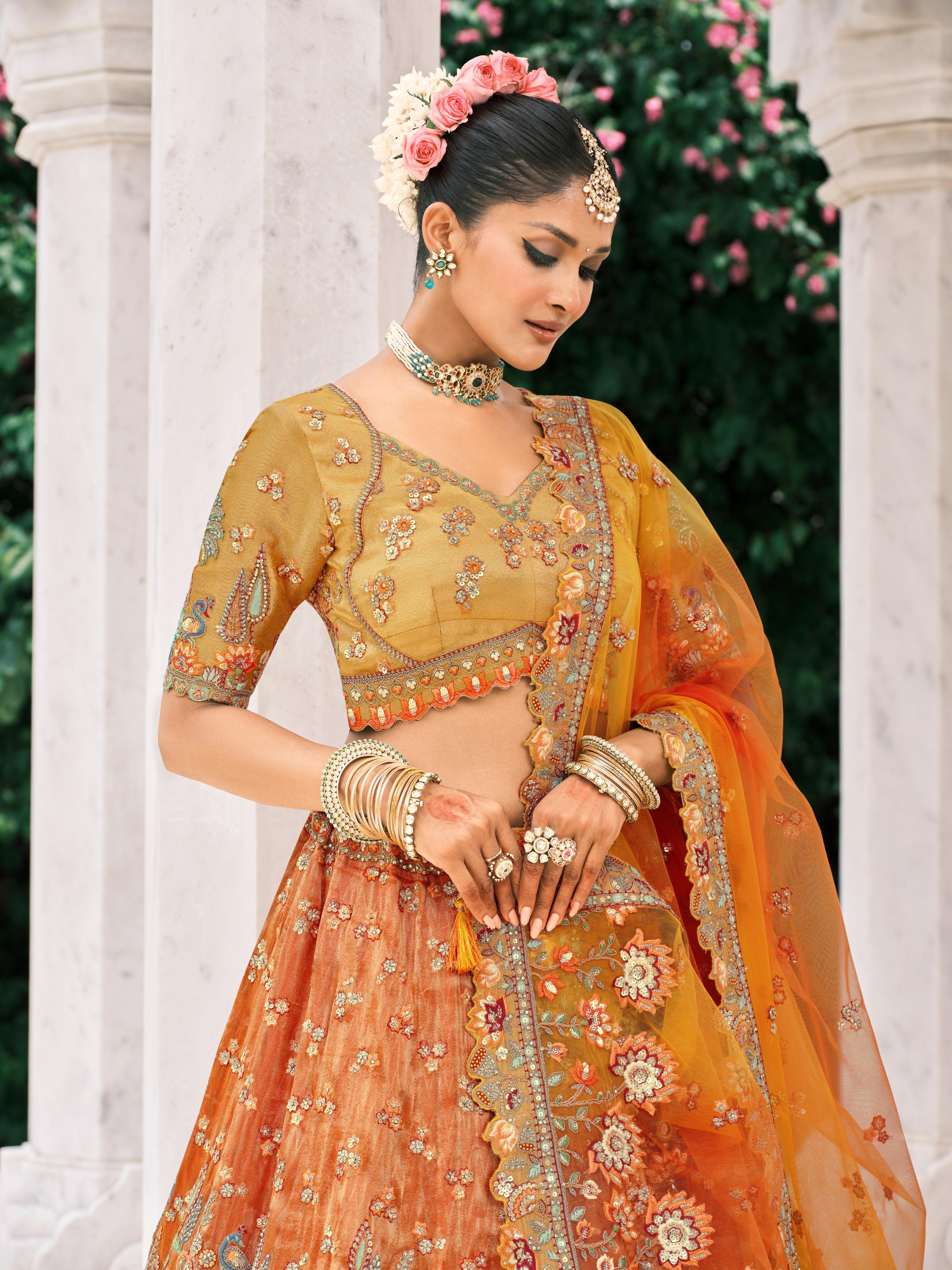 Orange Multicolor Handwork Shimmer Tissue Silk Lehenga Set - Image 2