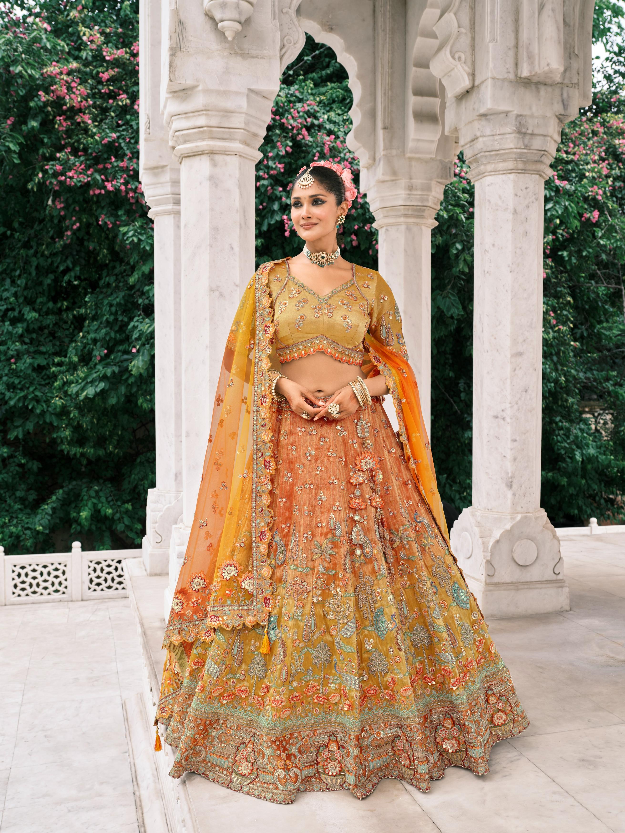 Orange Multicolor Handwork Shimmer Tissue Silk Lehenga Set - Image 3