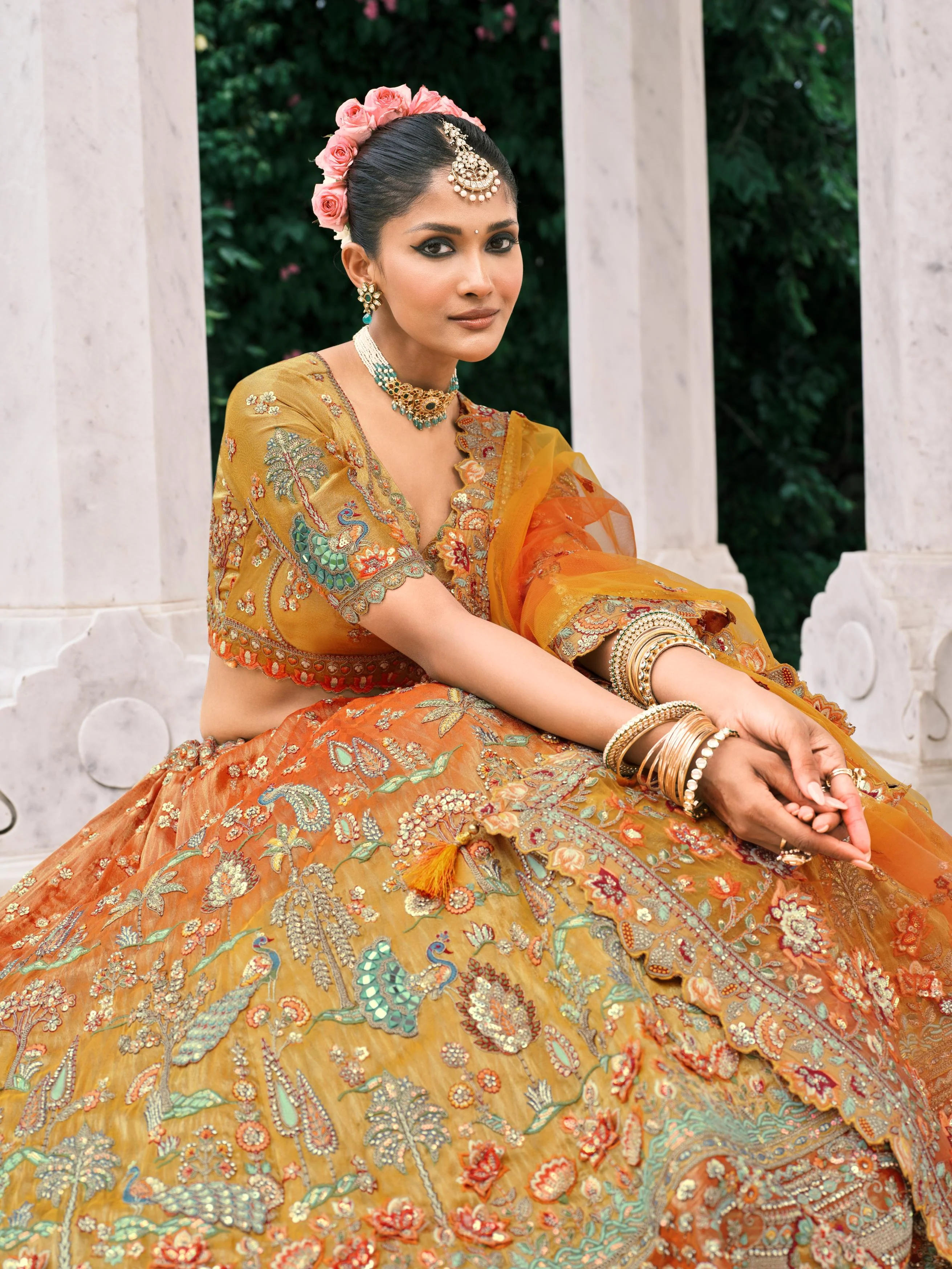 Orange Multicolor Handwork Shimmer Tissue Silk Lehenga Set - Image 4