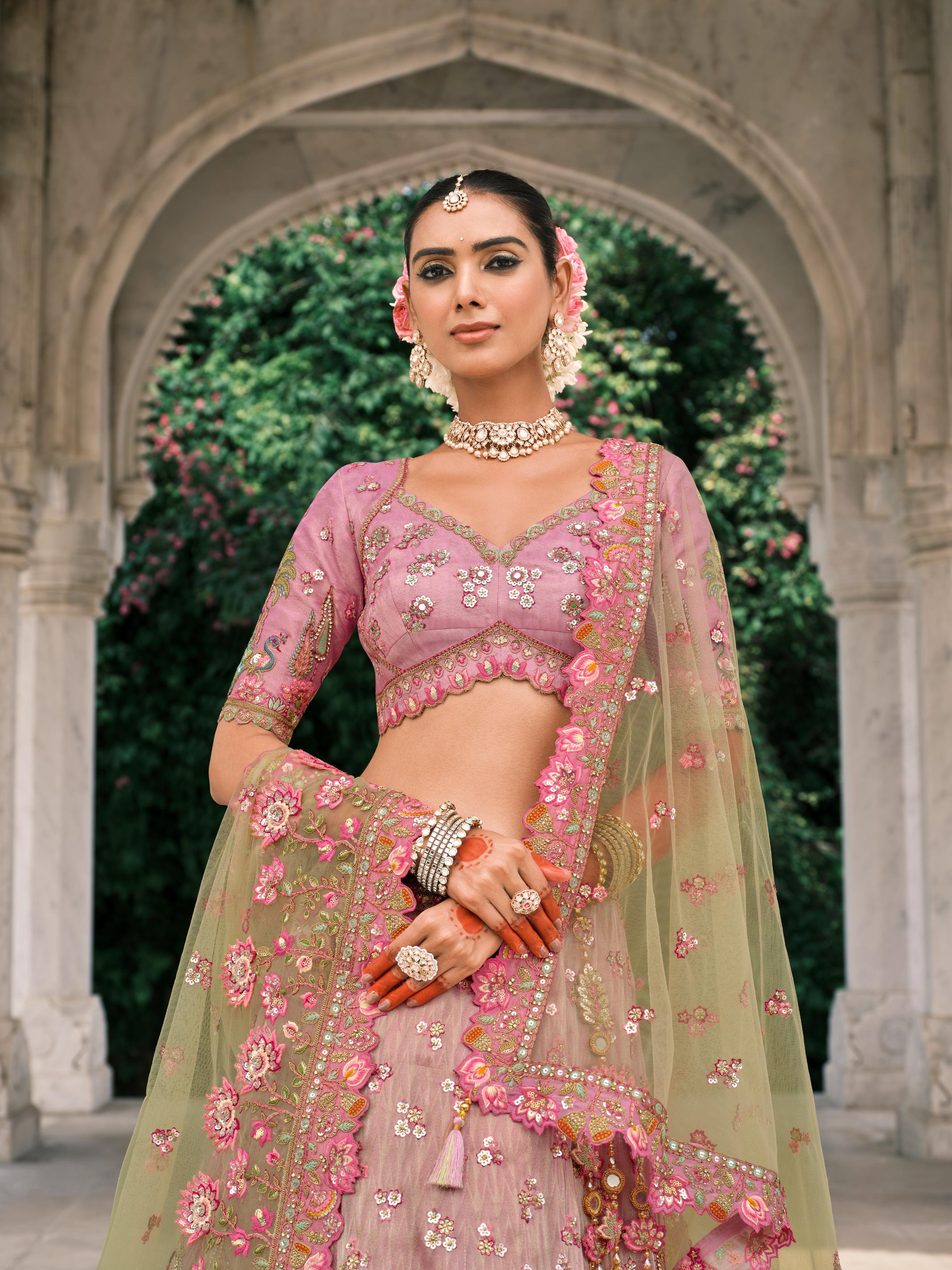 Pink Multicolor Handwork Shimmer Tissue Silk Lehenga Set - Image 2