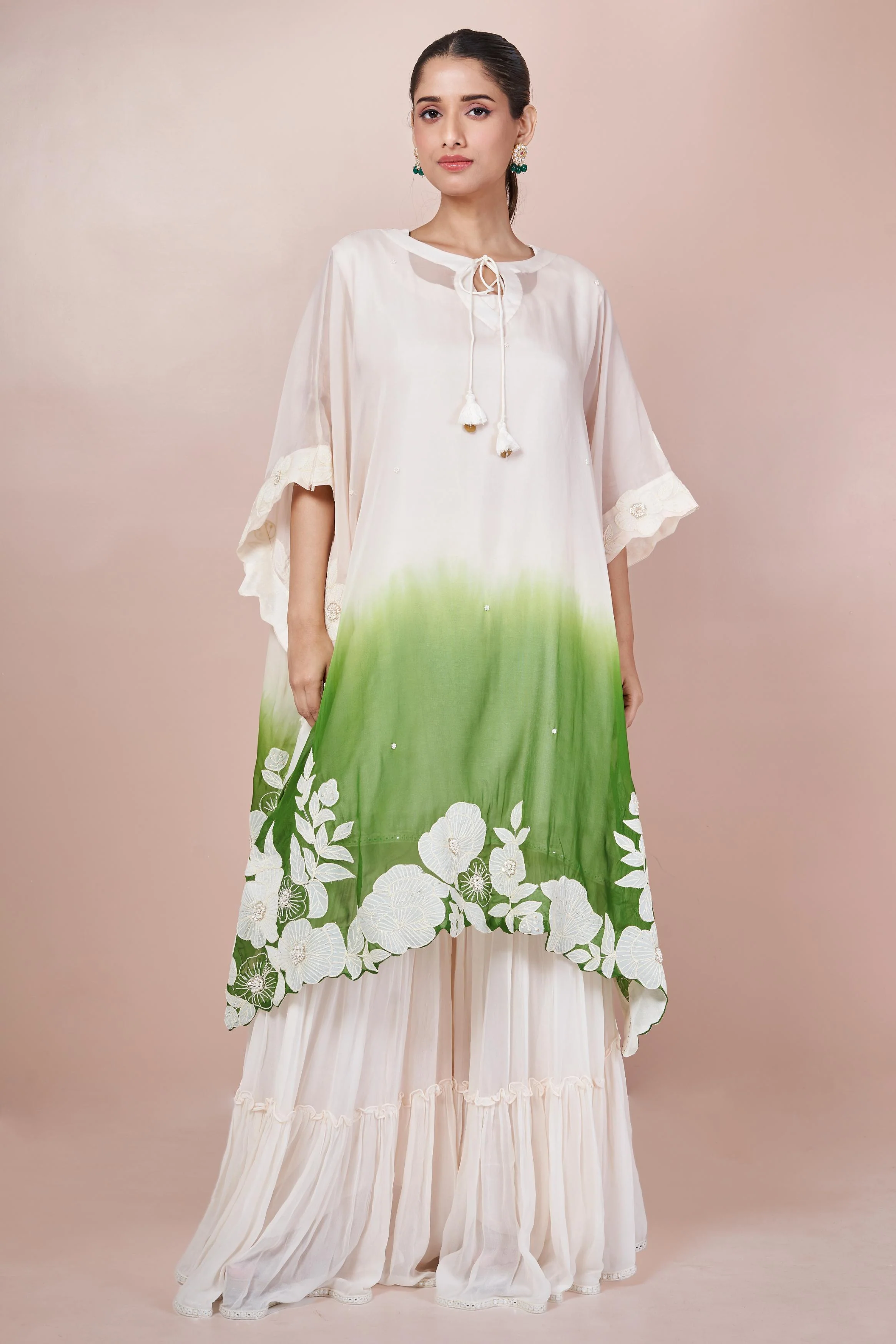Green Ombre-Dyed Embroidered Georgette Silk Sharara Set - Image 3