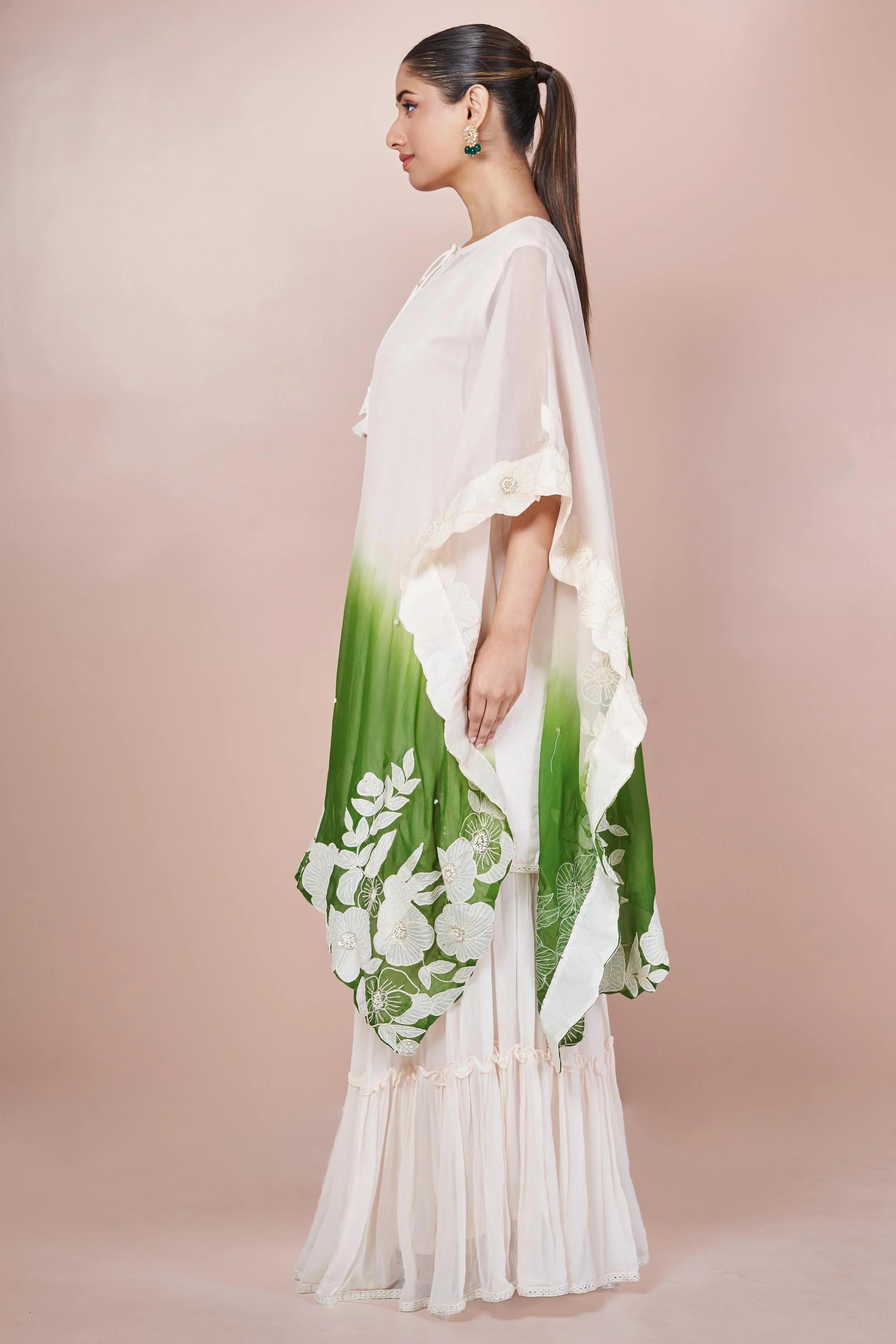 Green Ombre-Dyed Embroidered Georgette Silk Sharara Set - Image 4