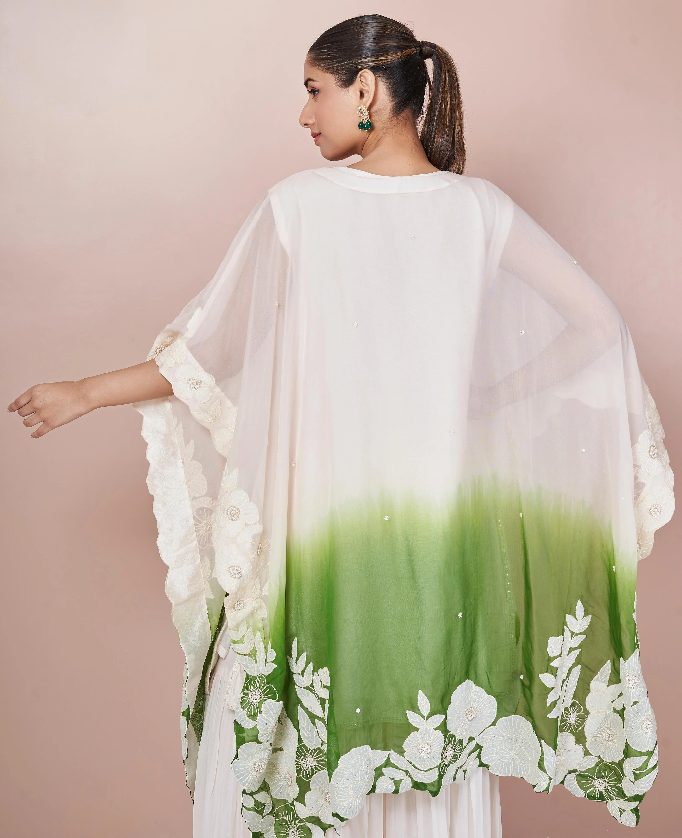 Green Ombre-Dyed Embroidered Georgette Silk Sharara Set - Image 5