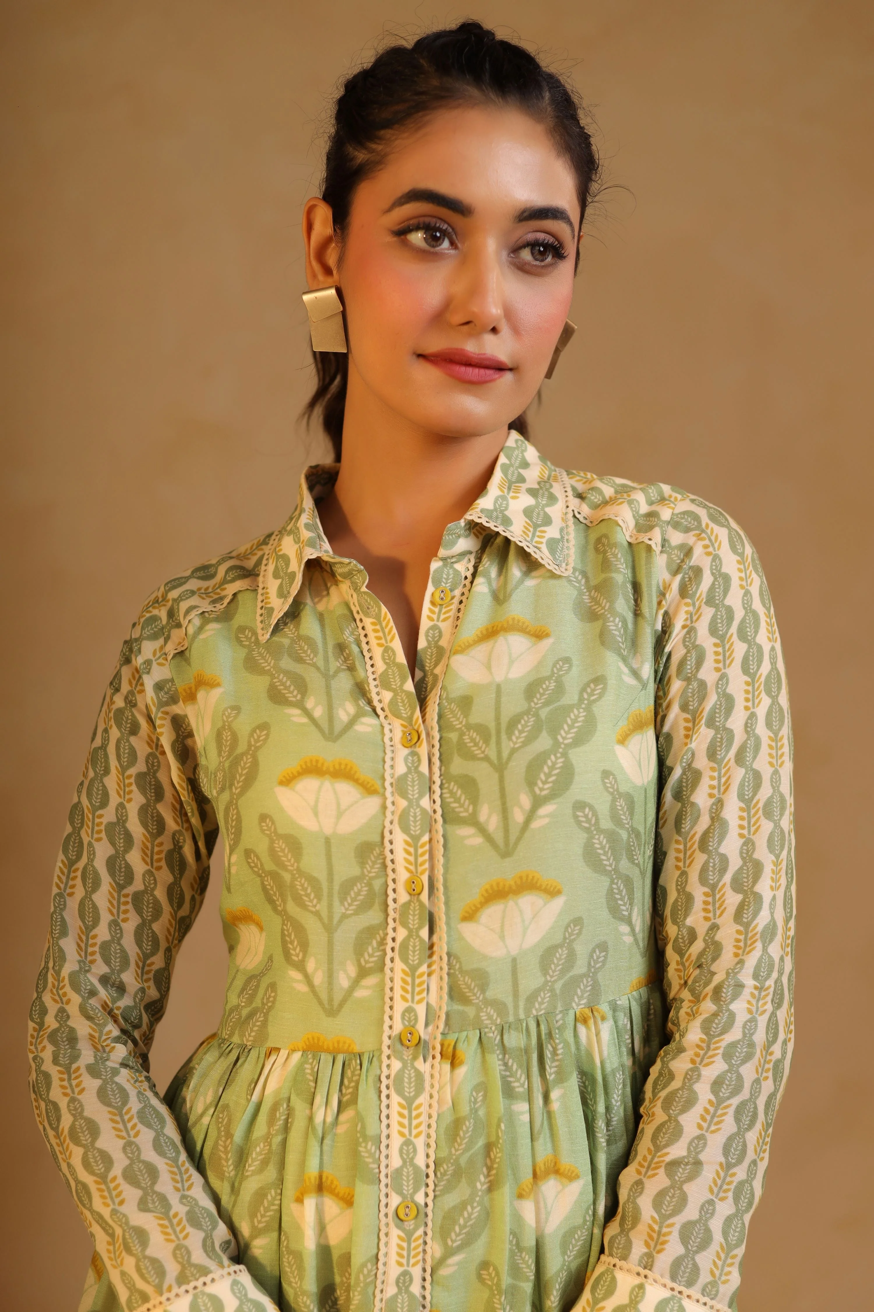 Mint Green Linen Printed Flayered Dress - Image 2