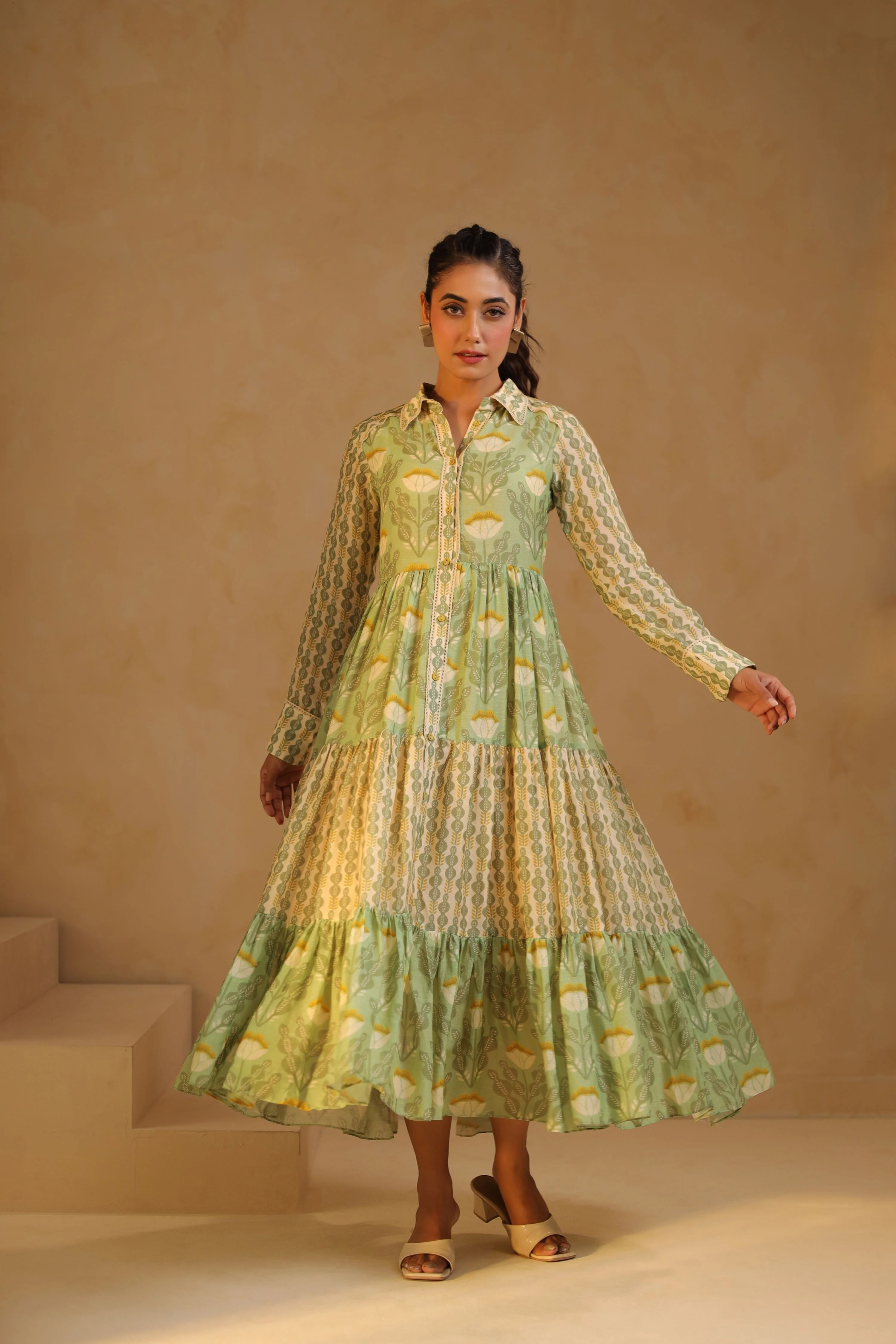 Mint Green Linen Printed Flayered Dress - Image 3