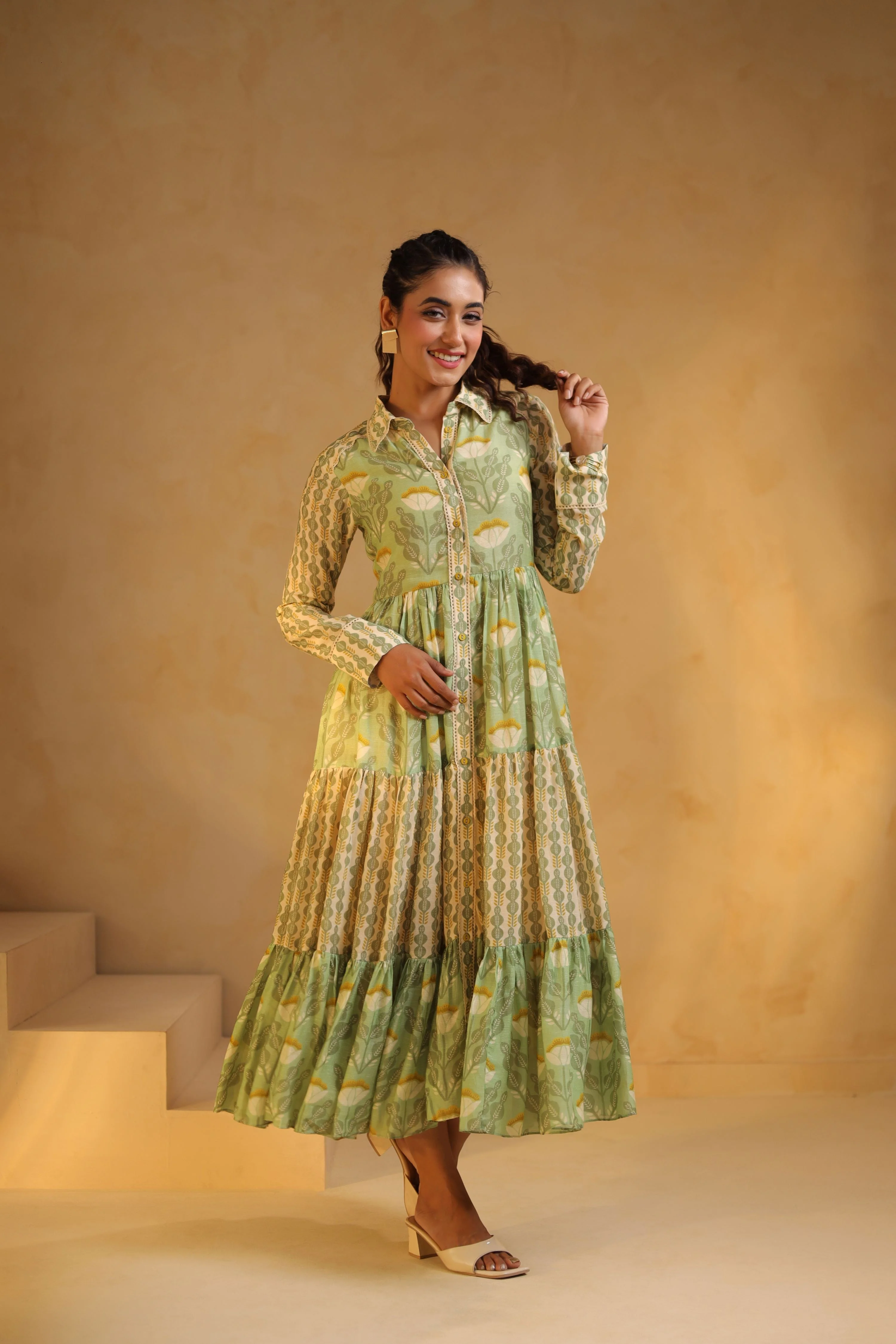 Mint Green Linen Printed Flayered Dress - Image 4