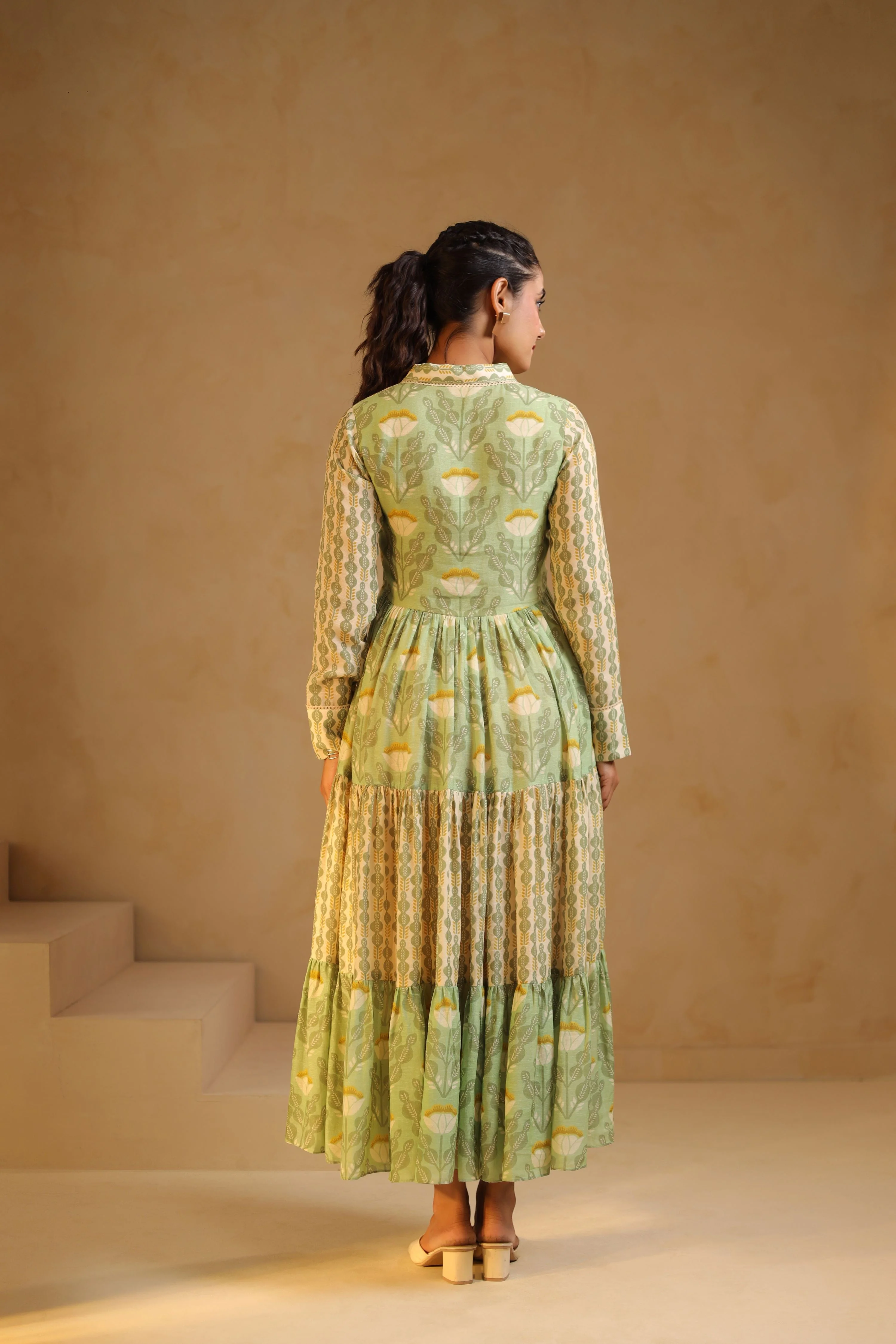 Mint Green Linen Printed Flayered Dress - Image 5