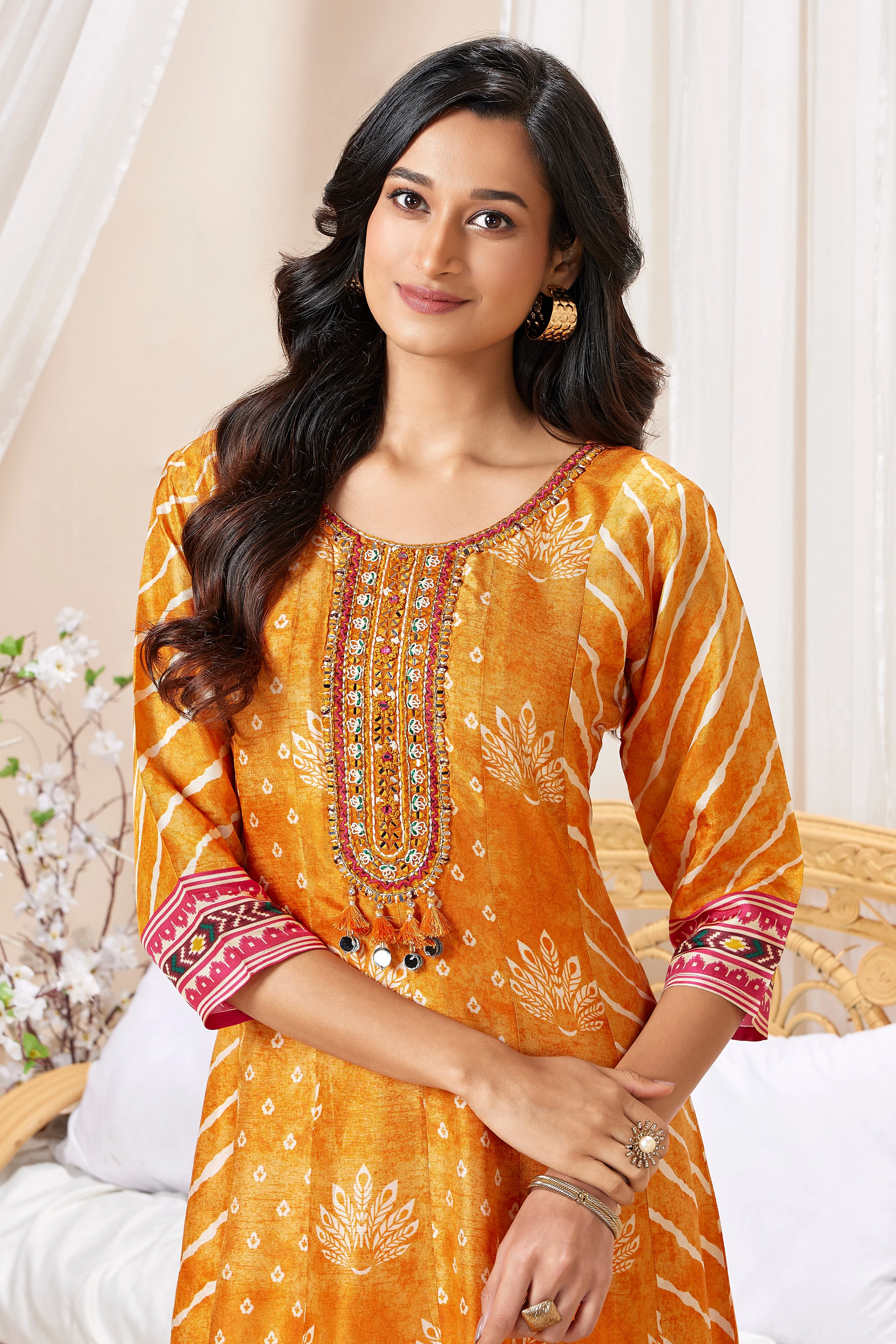 Orange Printed Muslin Silk Anarkali Set - Image 2