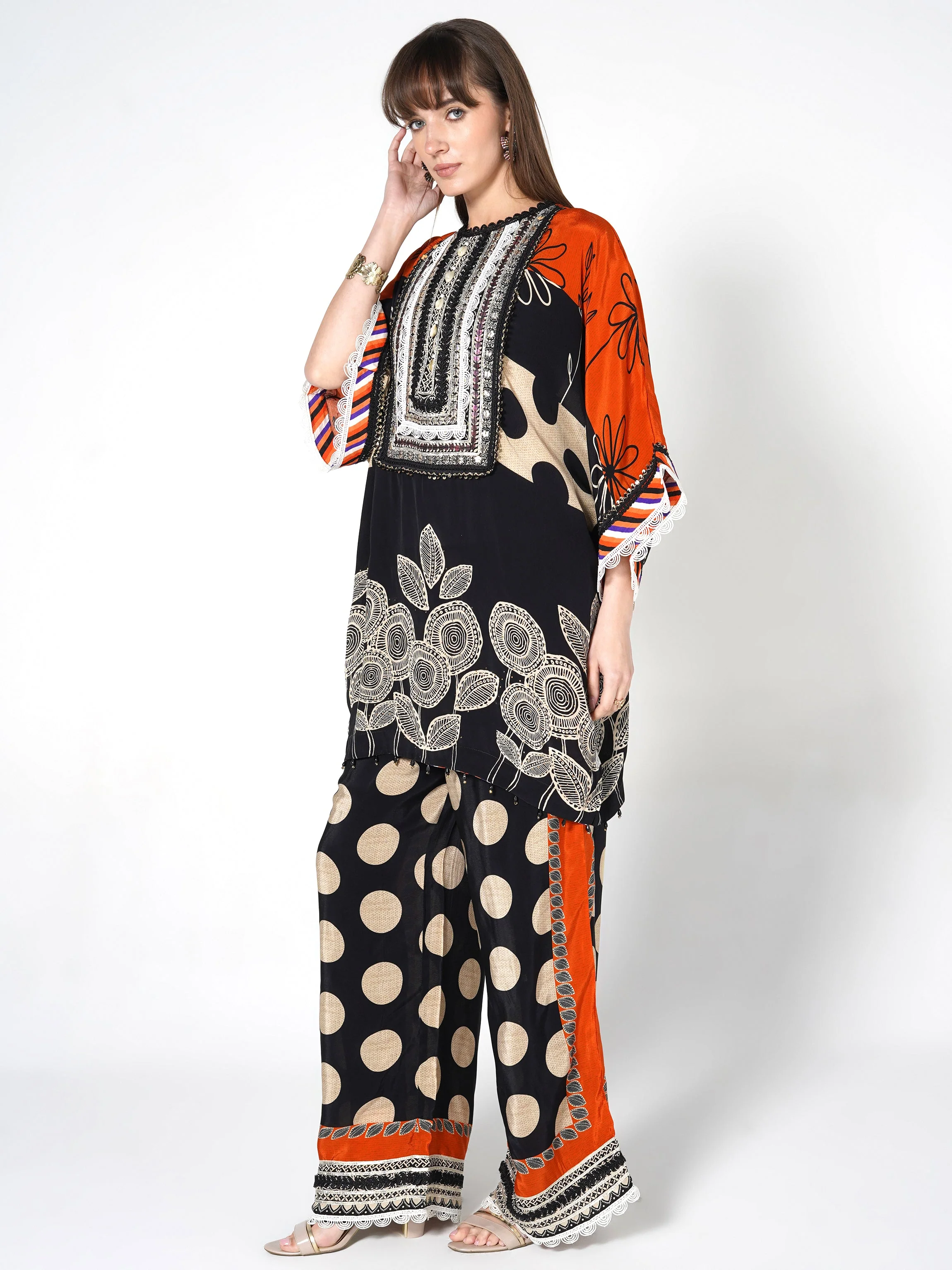 Orange Black Printed Polka Crepe Silk Co-Ord Set - Image 3