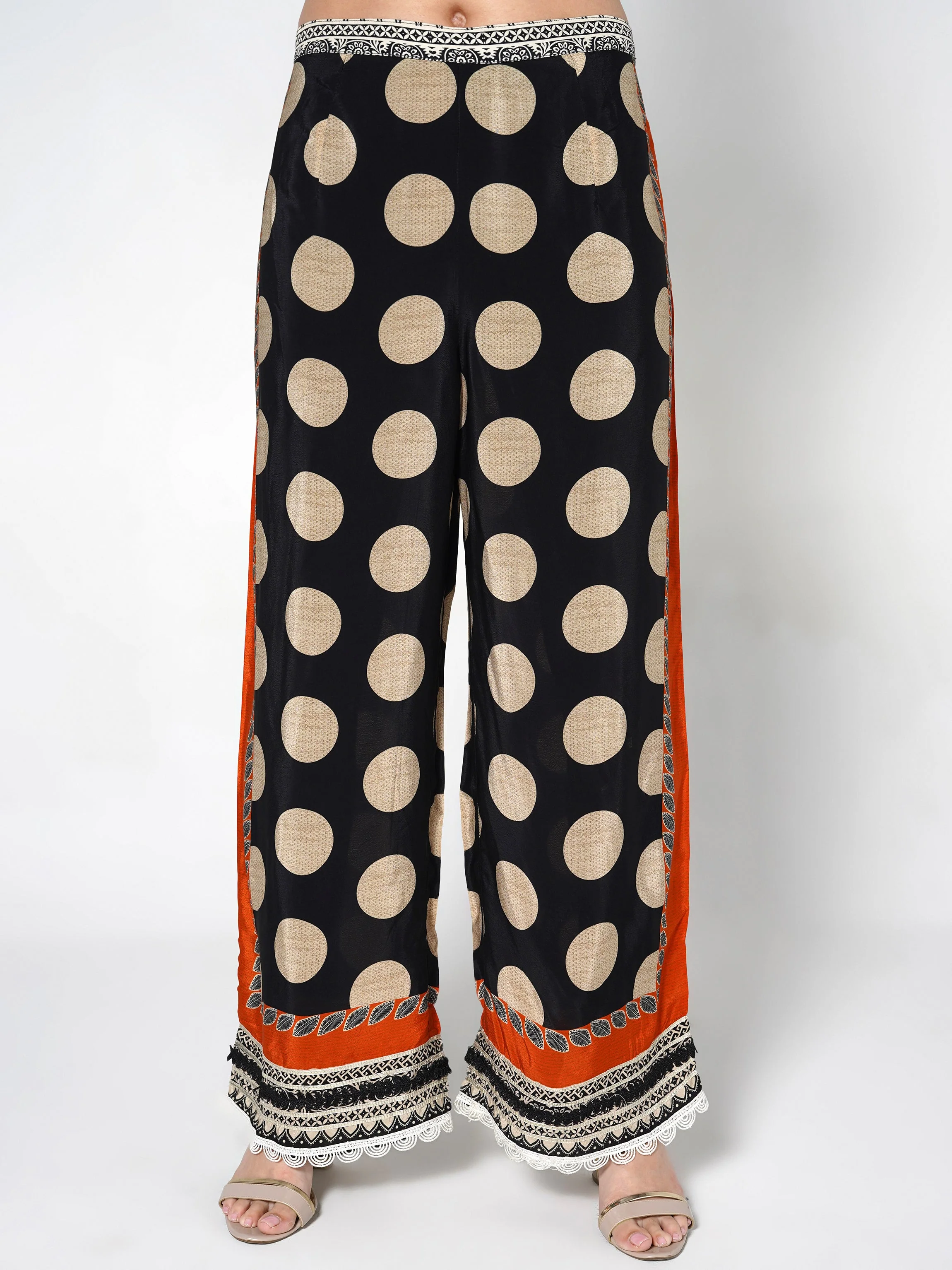 Orange Black Printed Polka Crepe Silk Co-Ord Set - Image 4