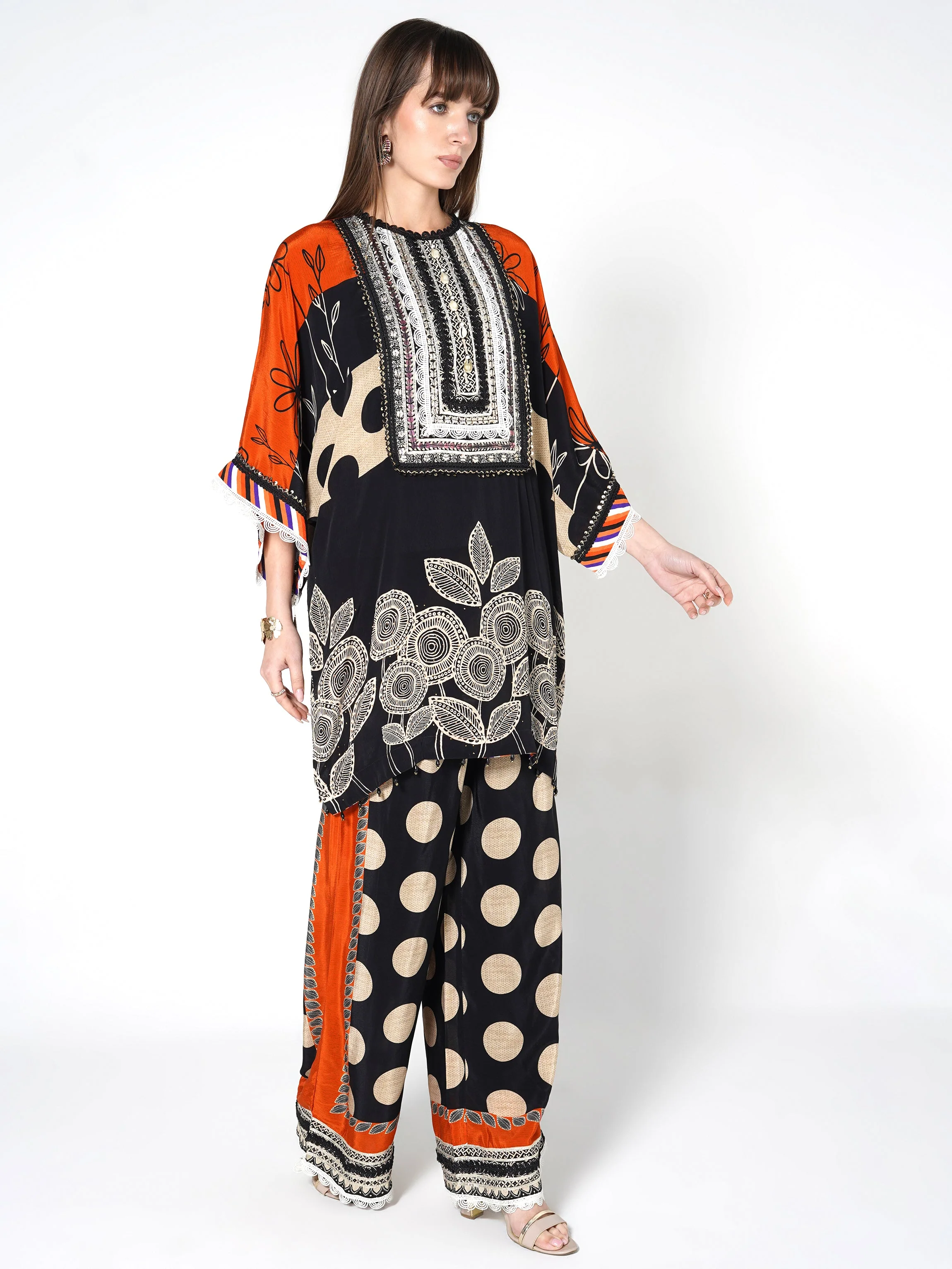 Orange Black Printed Polka Crepe Silk Co-Ord Set - Image 5