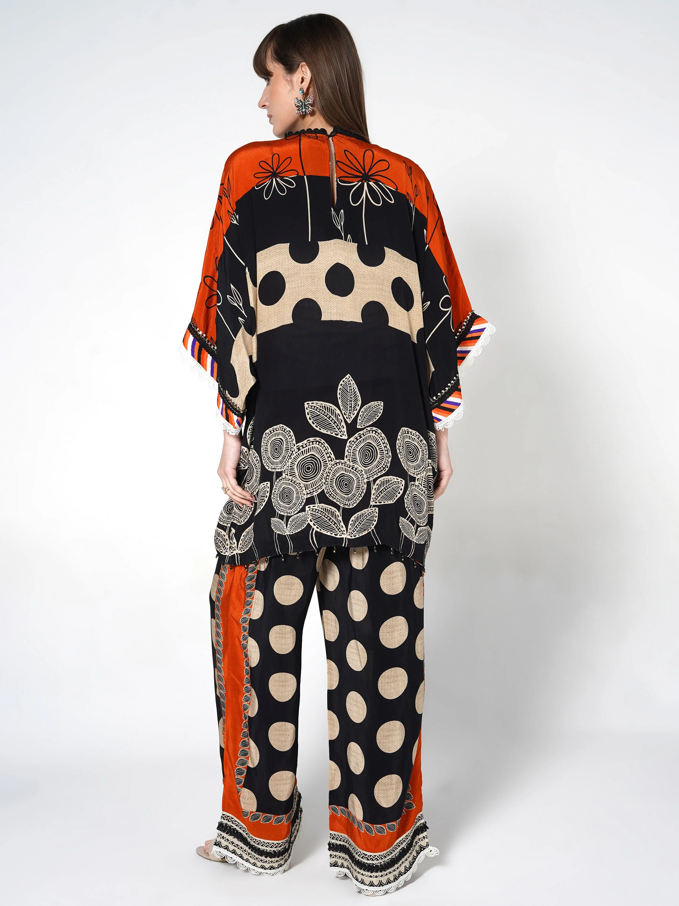 Orange Black Printed Polka Crepe Silk Co-Ord Set - Image 6