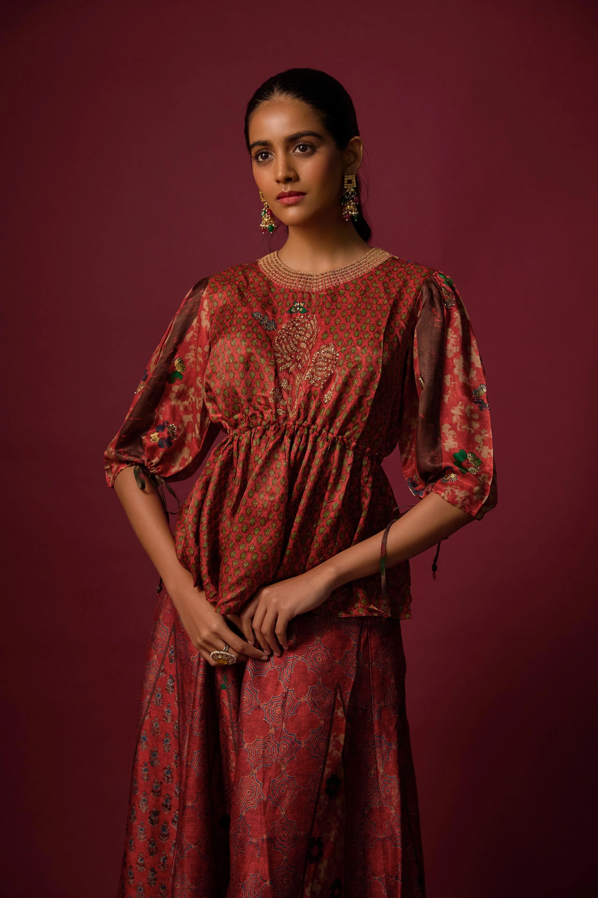 Red Printed Slub Cotton Silk Tunic Co-Ord Set - Image 2
