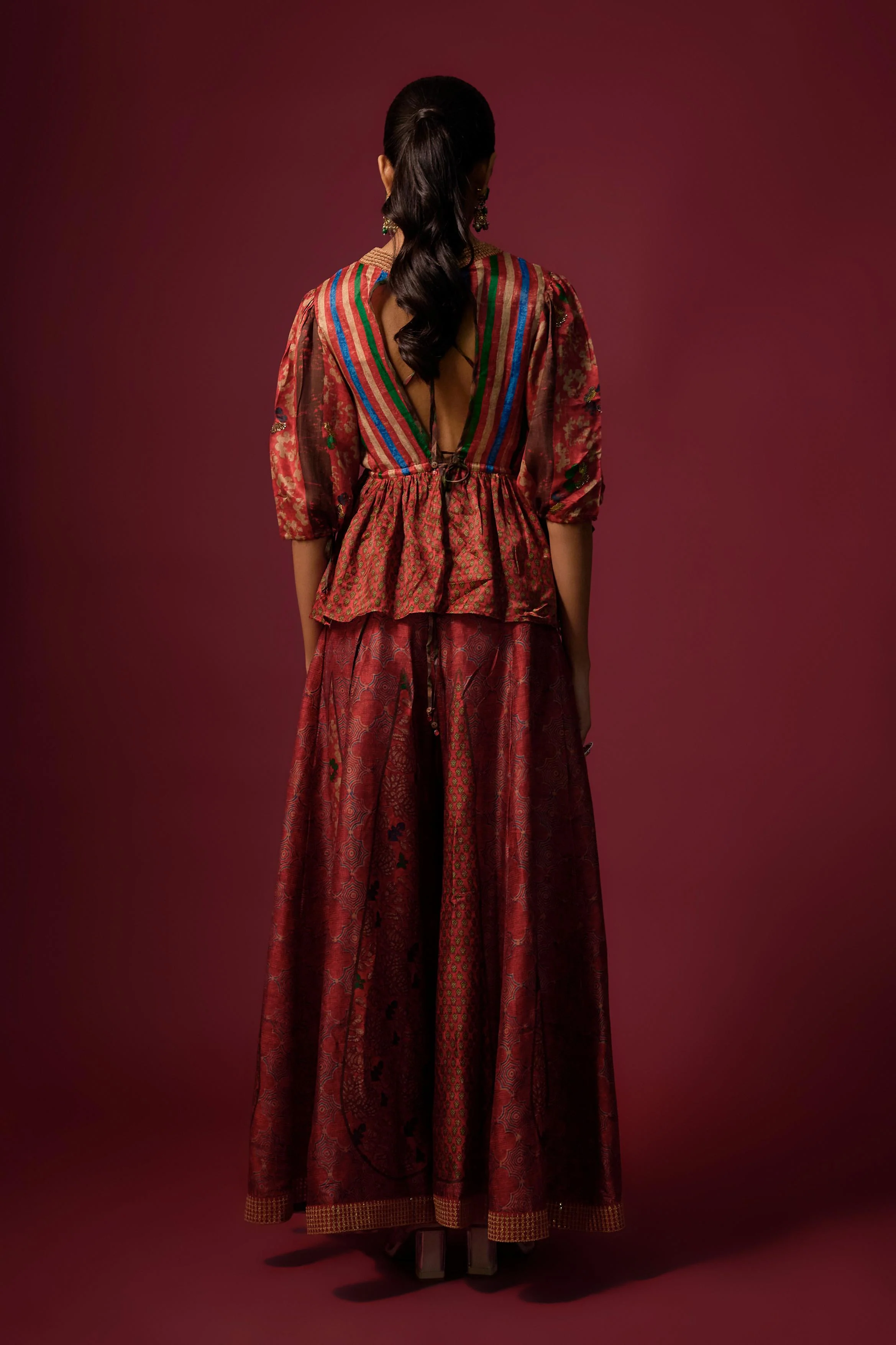 Red Printed Slub Cotton Silk Tunic Co-Ord Set - Image 3