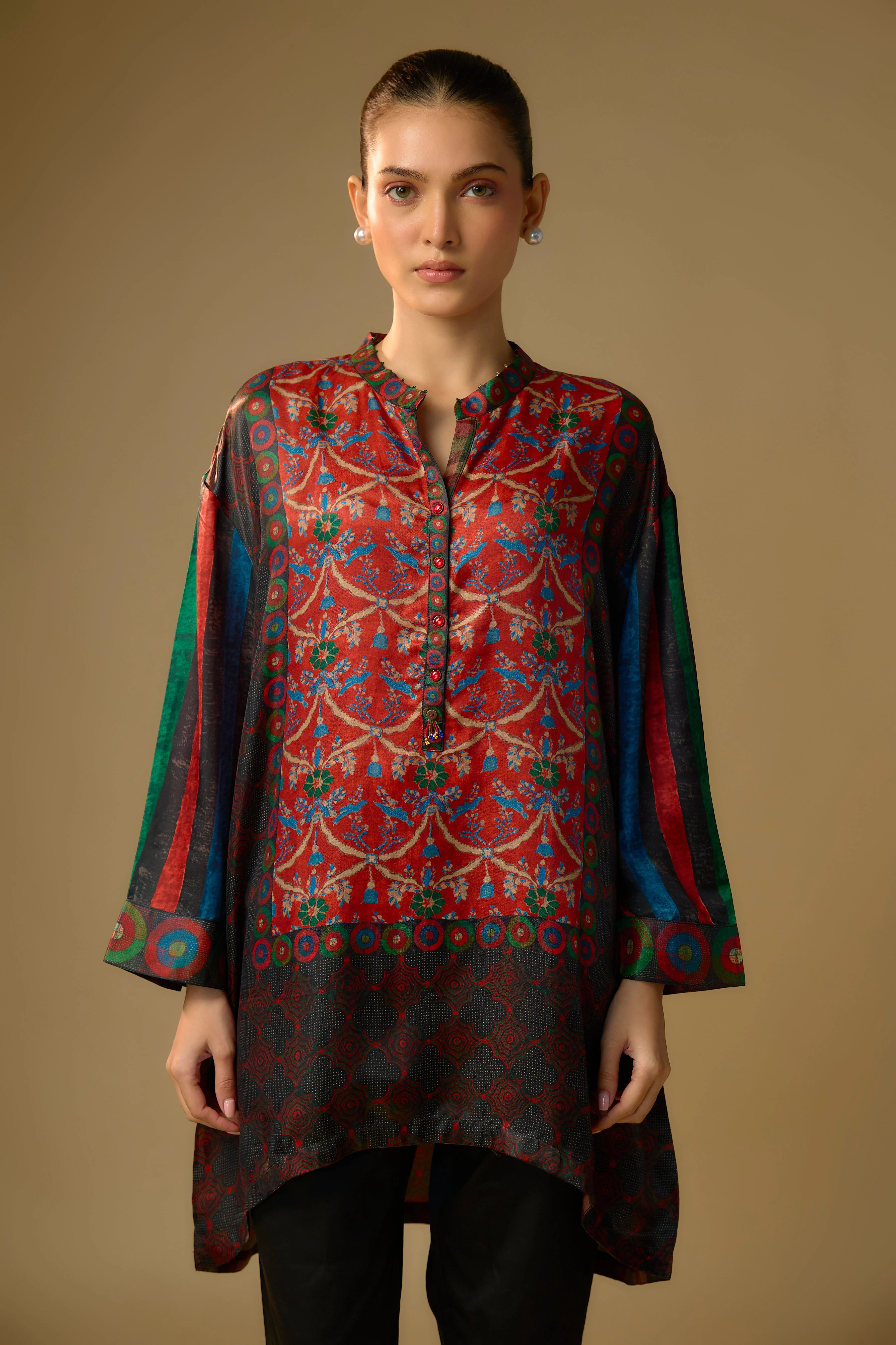 Black Printed Slub Cotton Silk Tunic Top - Image 2