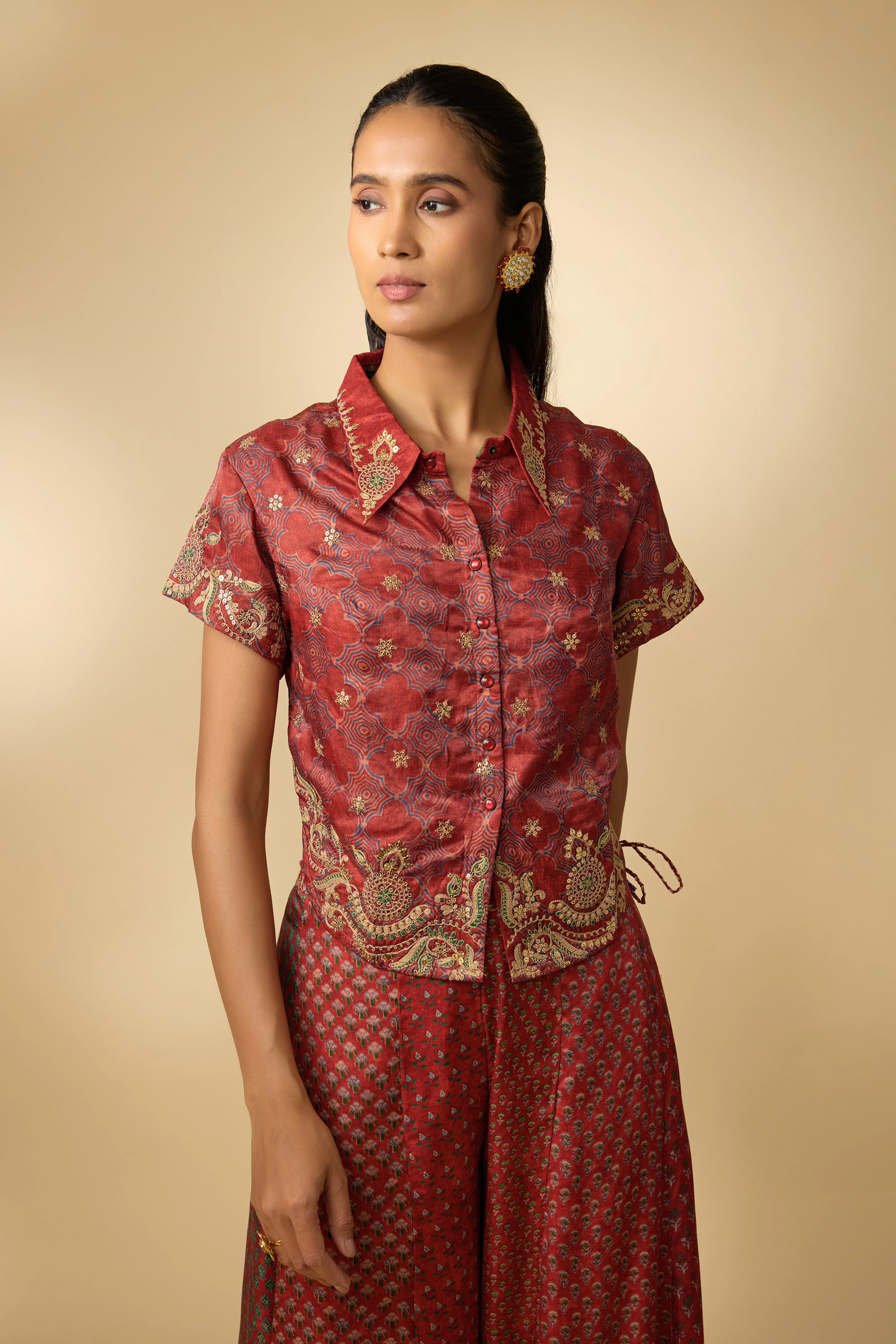 Red Printed Slub Cotton Silk Tunic Co-Ord Set - Image 2