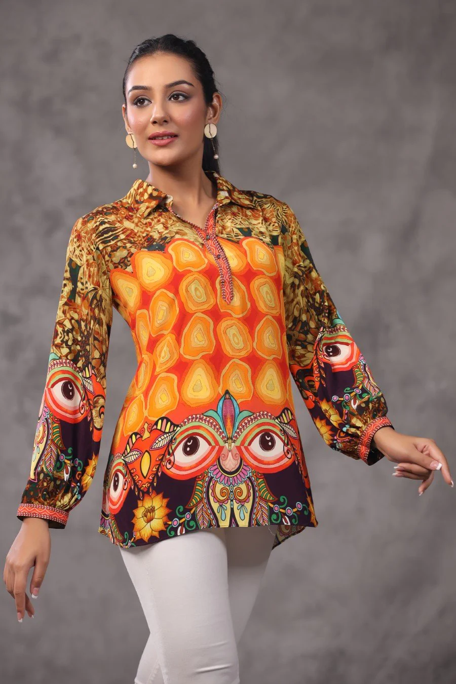 Orange Tribal Digital Printed Spanish Crepe Top - Image 3