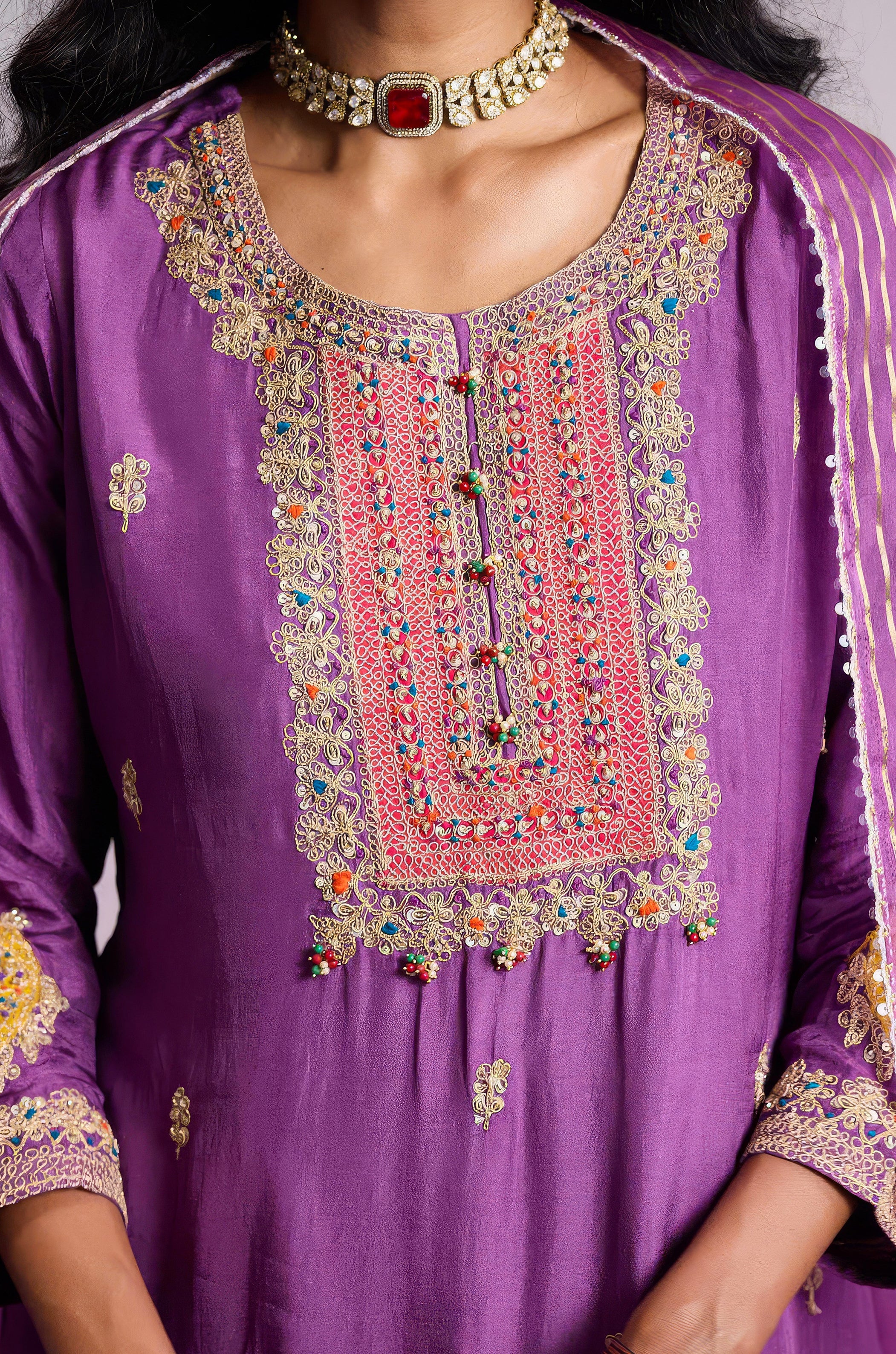 Orchid Purple Embellished Chinon Silk Pant Set - Image 2