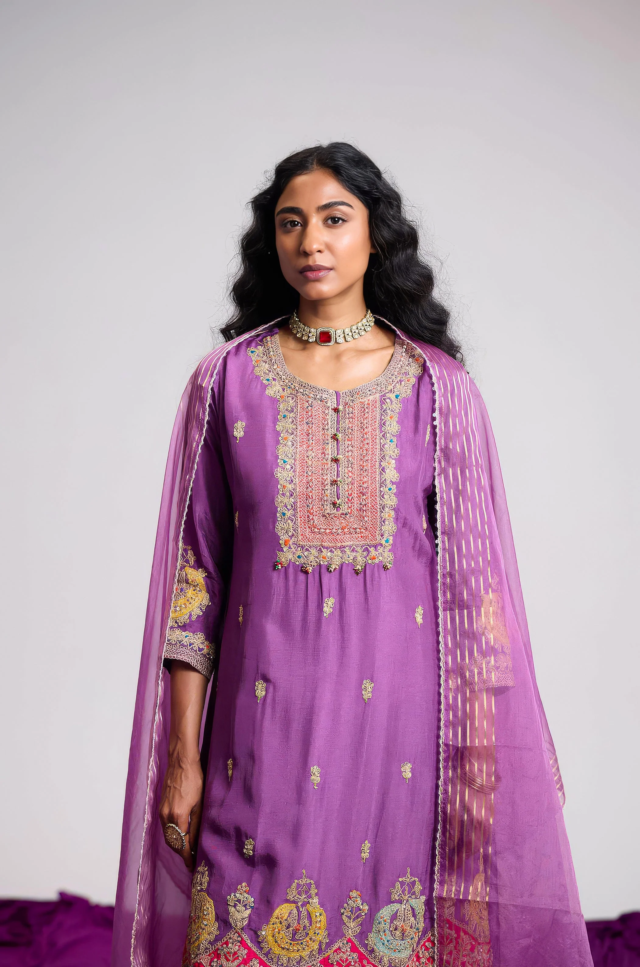 Orchid Purple Embellished Chinon Silk Pant Set - Image 3
