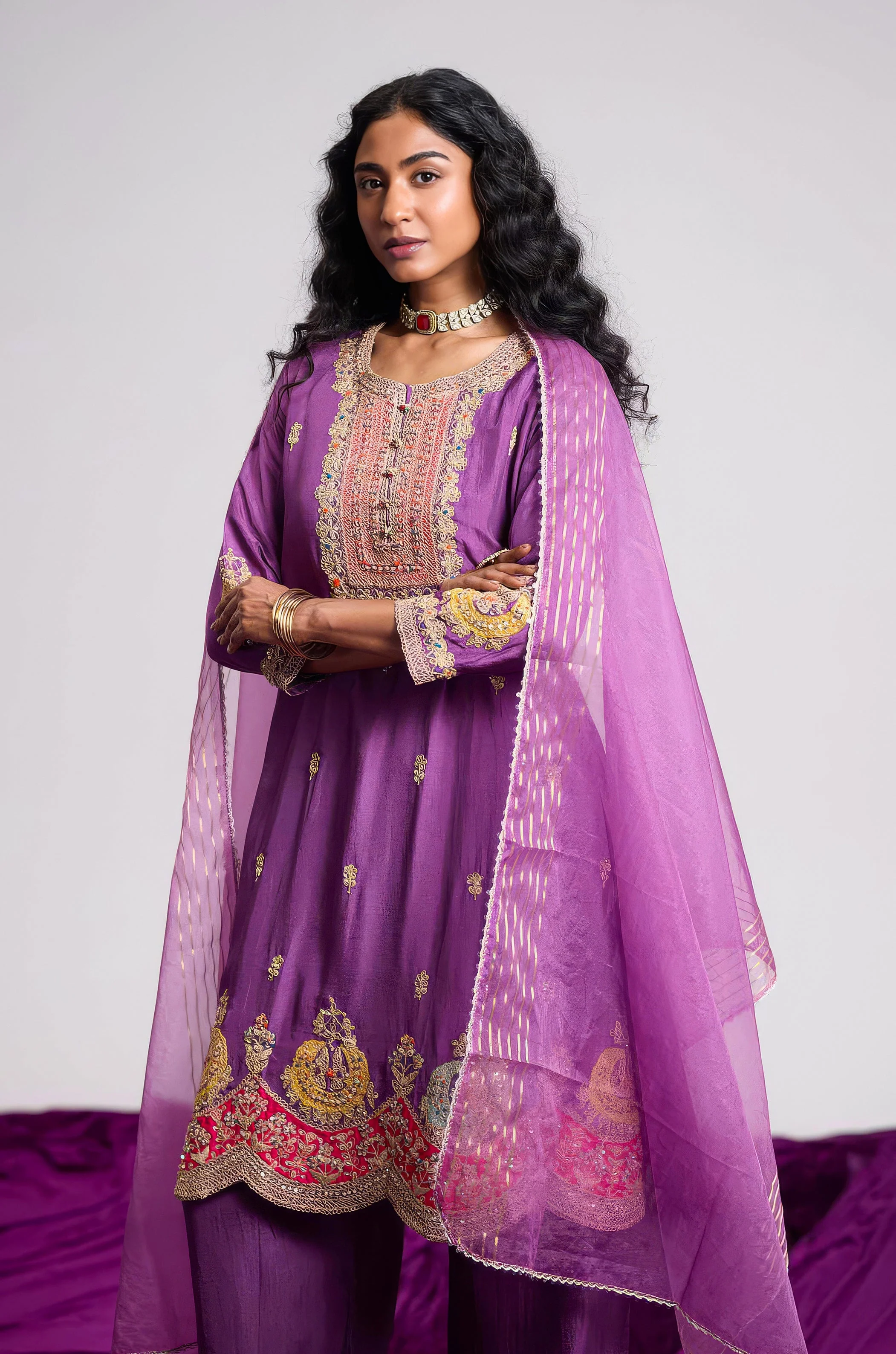 Orchid Purple Embellished Chinon Silk Pant Set - Image 4